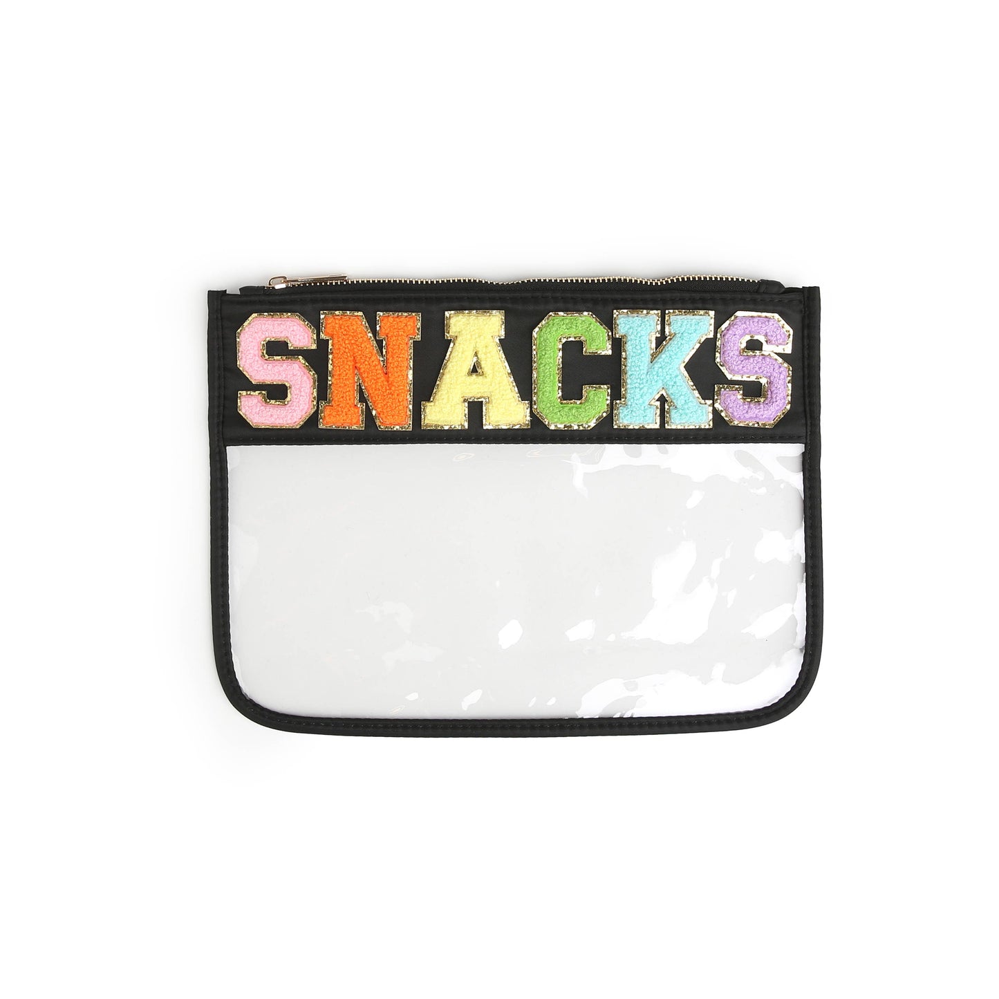 Varsity Letter Patch Clear Zippered Pouch Bag: Pink with STUFF