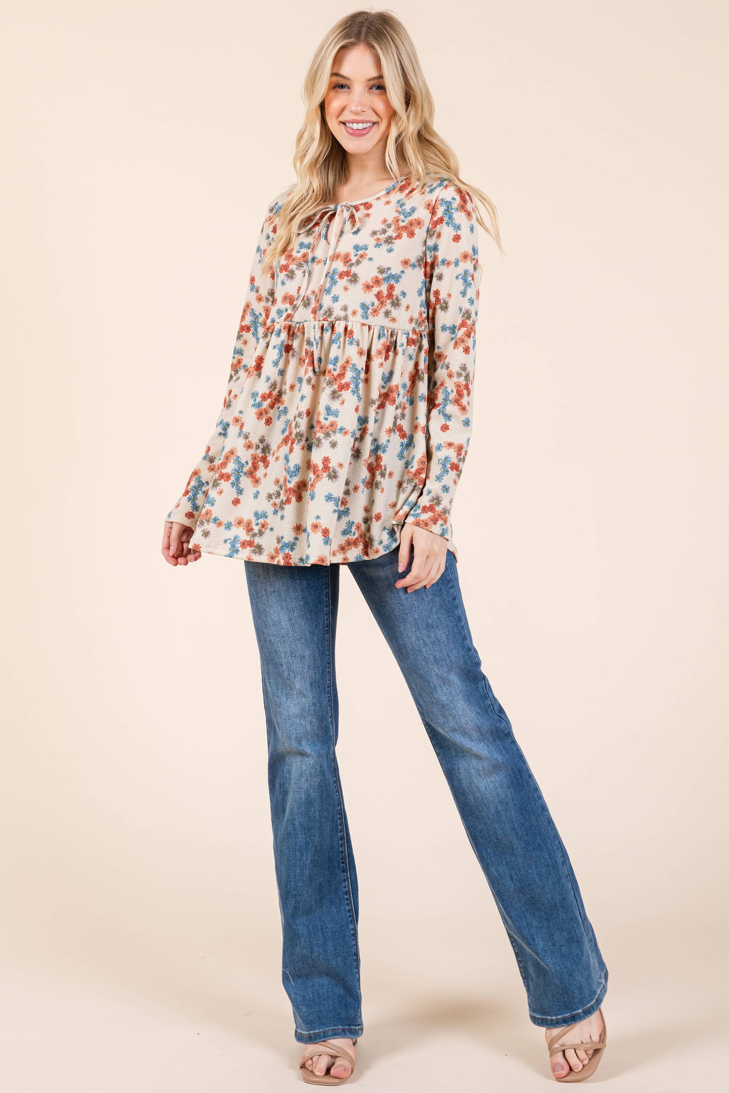 TL1971 BOHO LONG SLEEVE THERMAL TUNIC: Chocolate / Floral / S