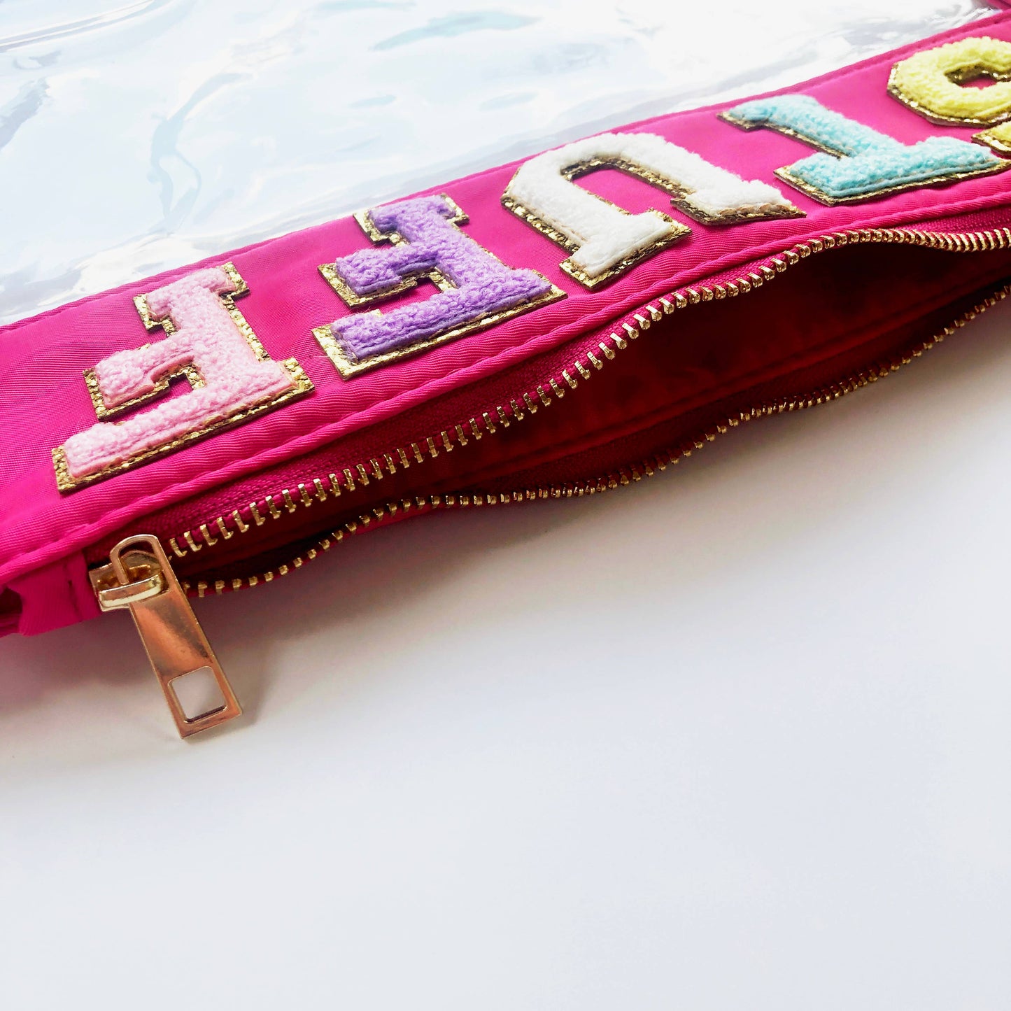 Varsity Letter Patch Clear Zippered Pouch Bag: White with TRAVEL