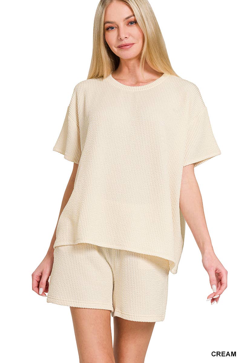 `.Corded Rib Short Sleeve Tee & Short Pants 2PC Set: DUSTY BLUE-183672 / XL