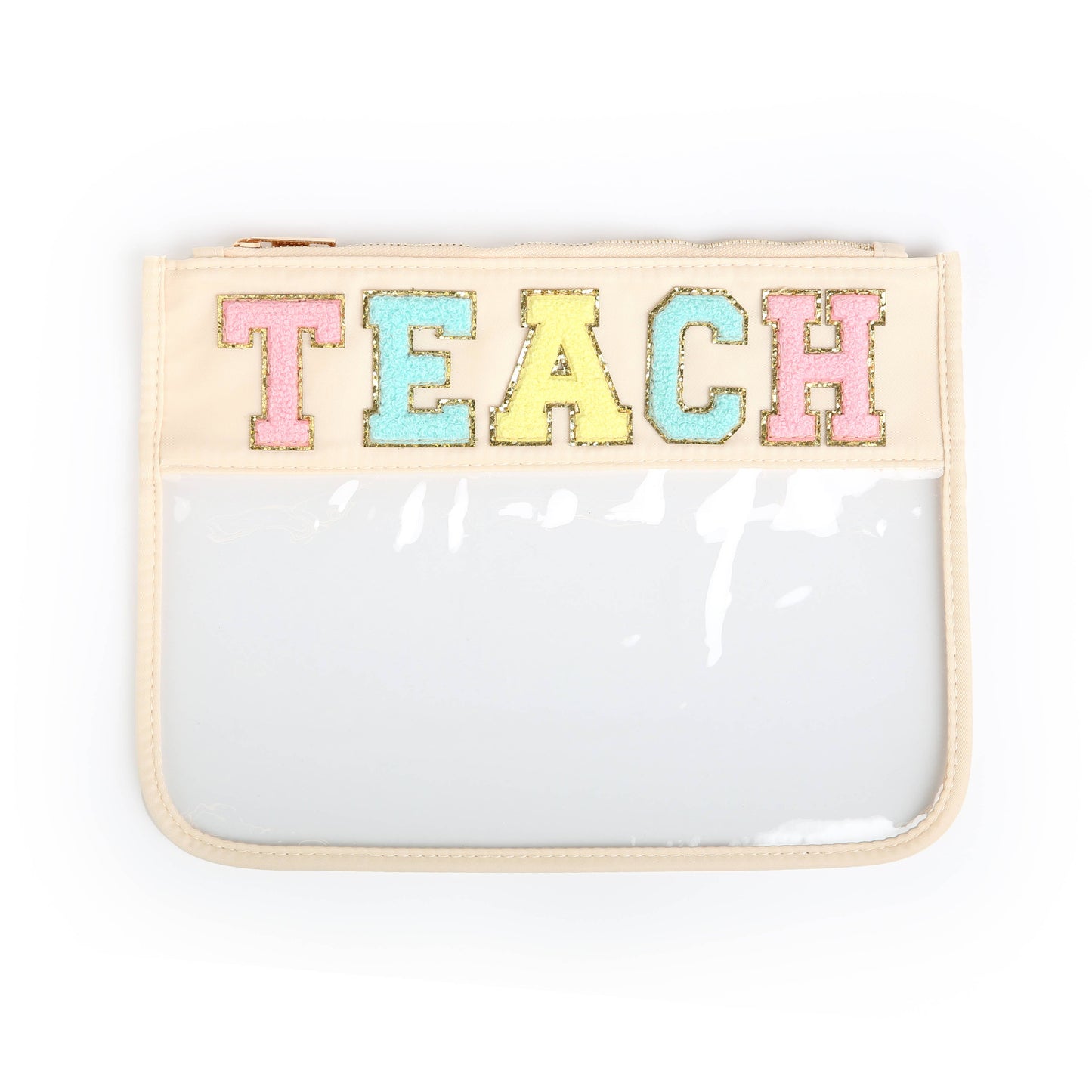 Varsity Letter Patch Clear Zippered Pouch Bag: Purple with THINGS