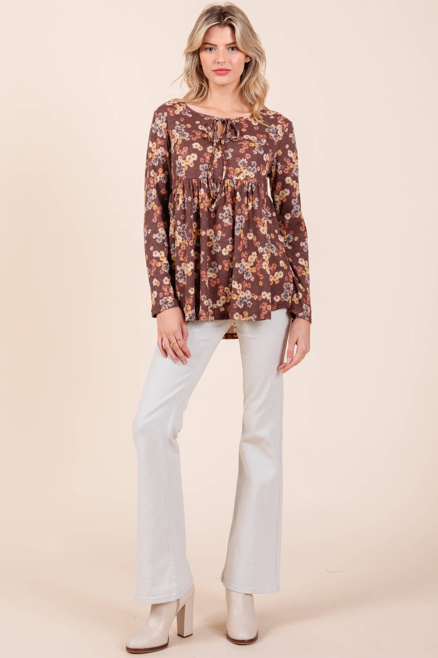 TL1971 BOHO LONG SLEEVE THERMAL TUNIC: Chocolate / Floral / XL