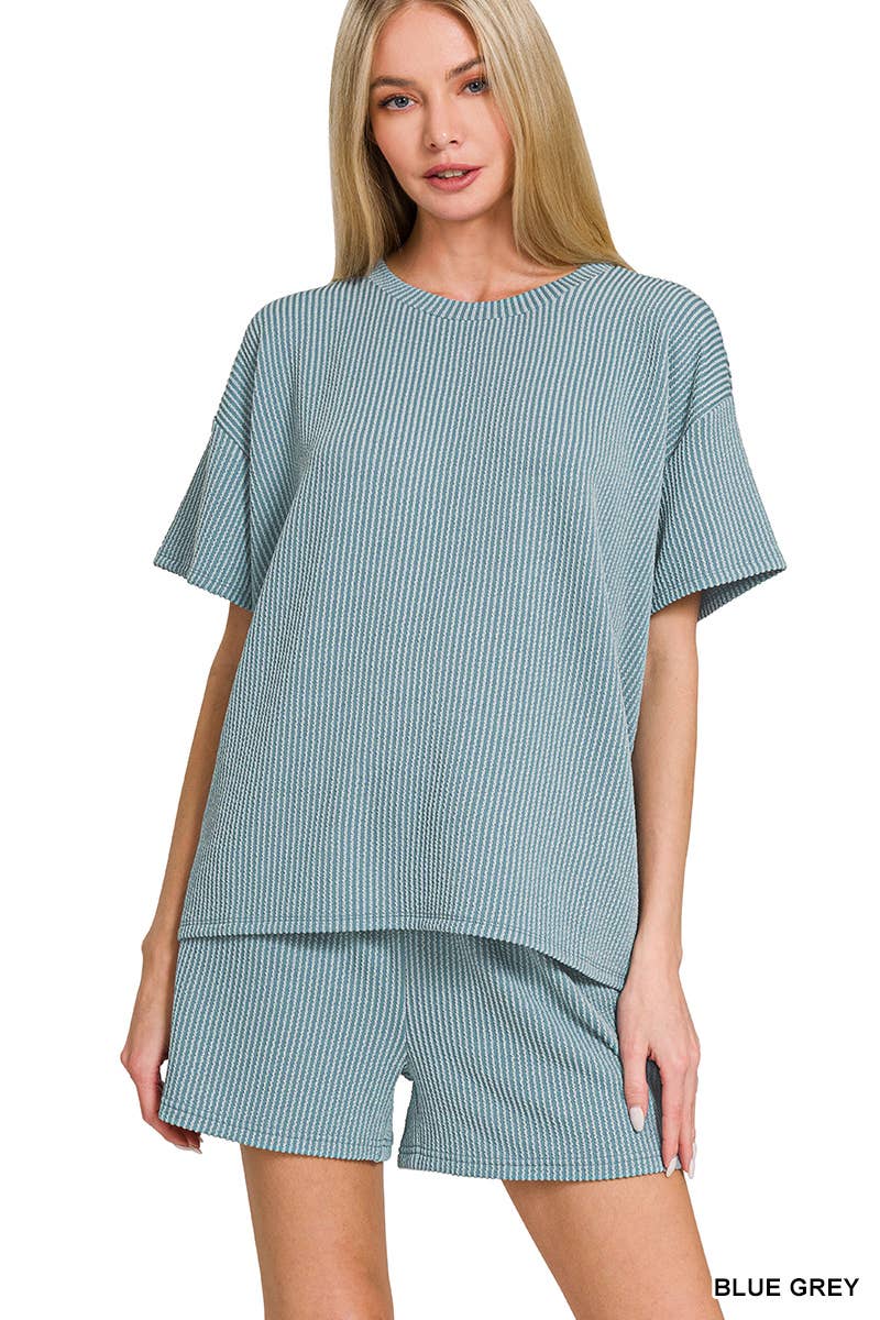 `.Corded Rib Short Sleeve Tee & Short Pants 2PC Set: DUSTY BLUE-183672 / L