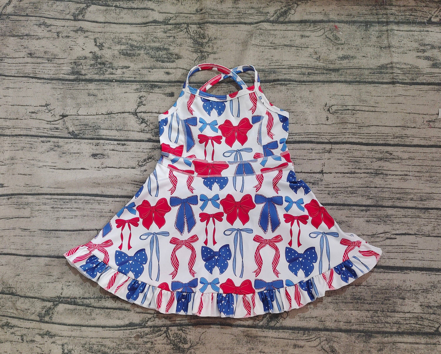 Baby Girls Strap Blue Red Bows 4th Of July Yoga Active Knee Length Dresses: 4T