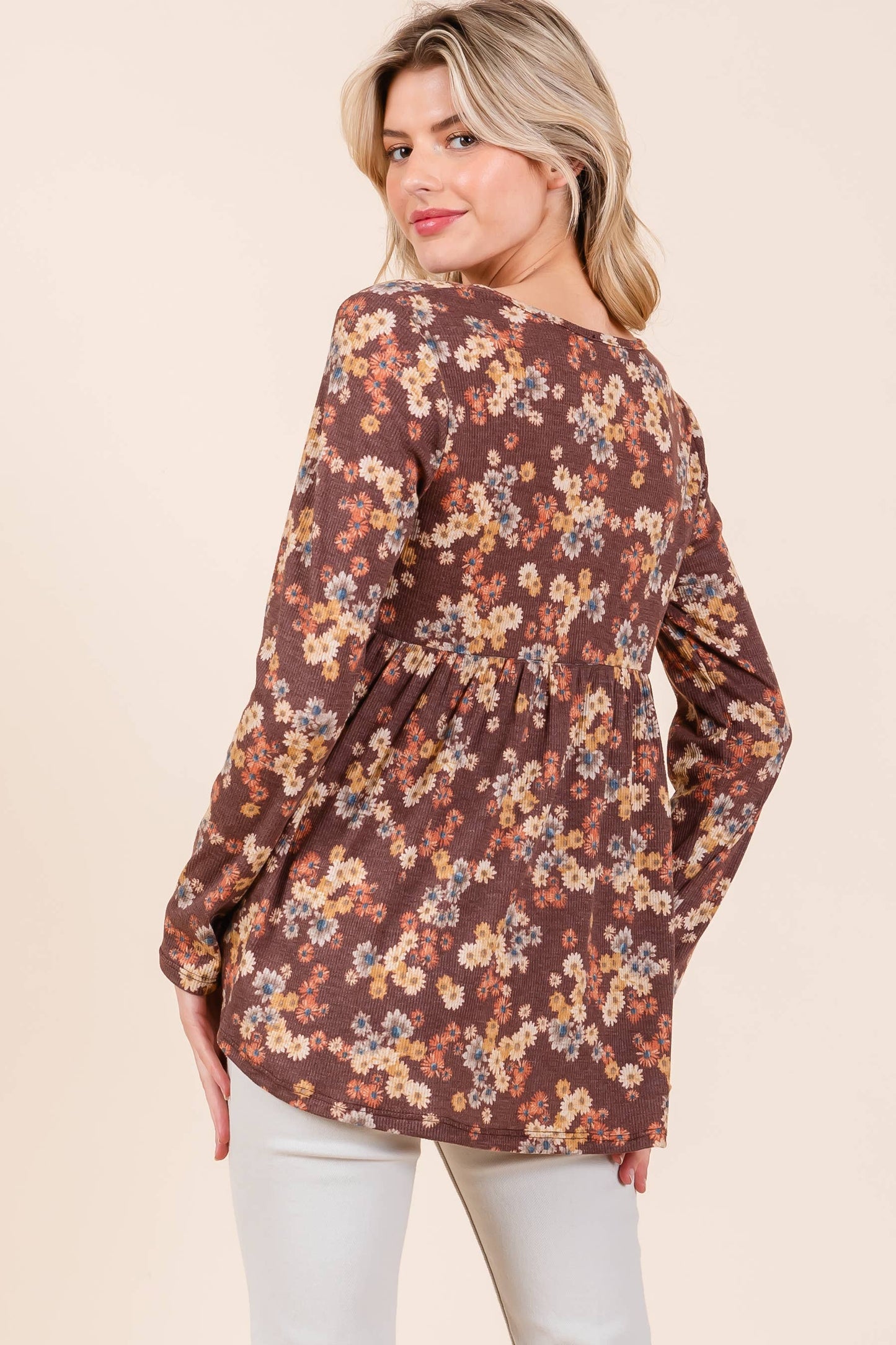 TL1971 BOHO LONG SLEEVE THERMAL TUNIC: Chocolate / Floral / S