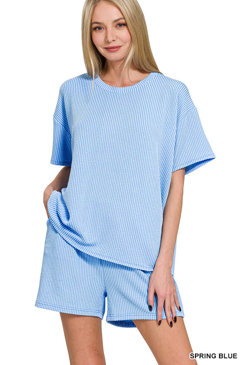 `.Corded Rib Short Sleeve Tee & Short Pants 2PC Set: DUSTY BLUE-183672 / M