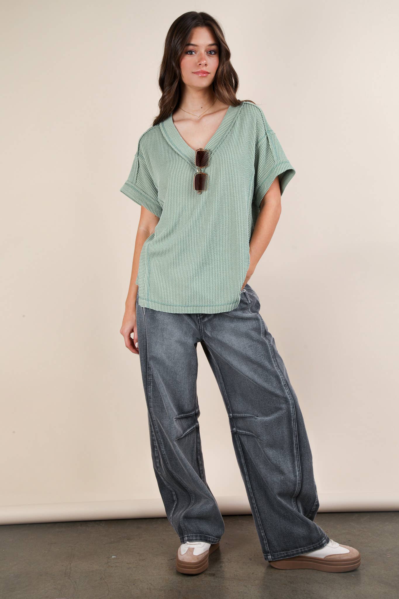 NT12075-Soft Two Tone Casual Comfy Ribbed Knit Top: PINK / S-M-L/2-2-2