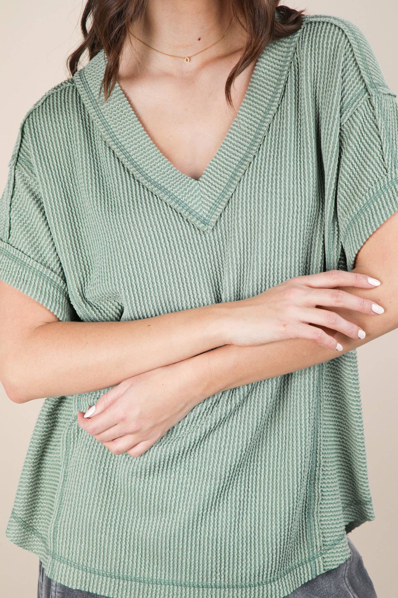 NT12075-Soft Two Tone Casual Comfy Ribbed Knit Top: PINK / S-M-L/2-2-2
