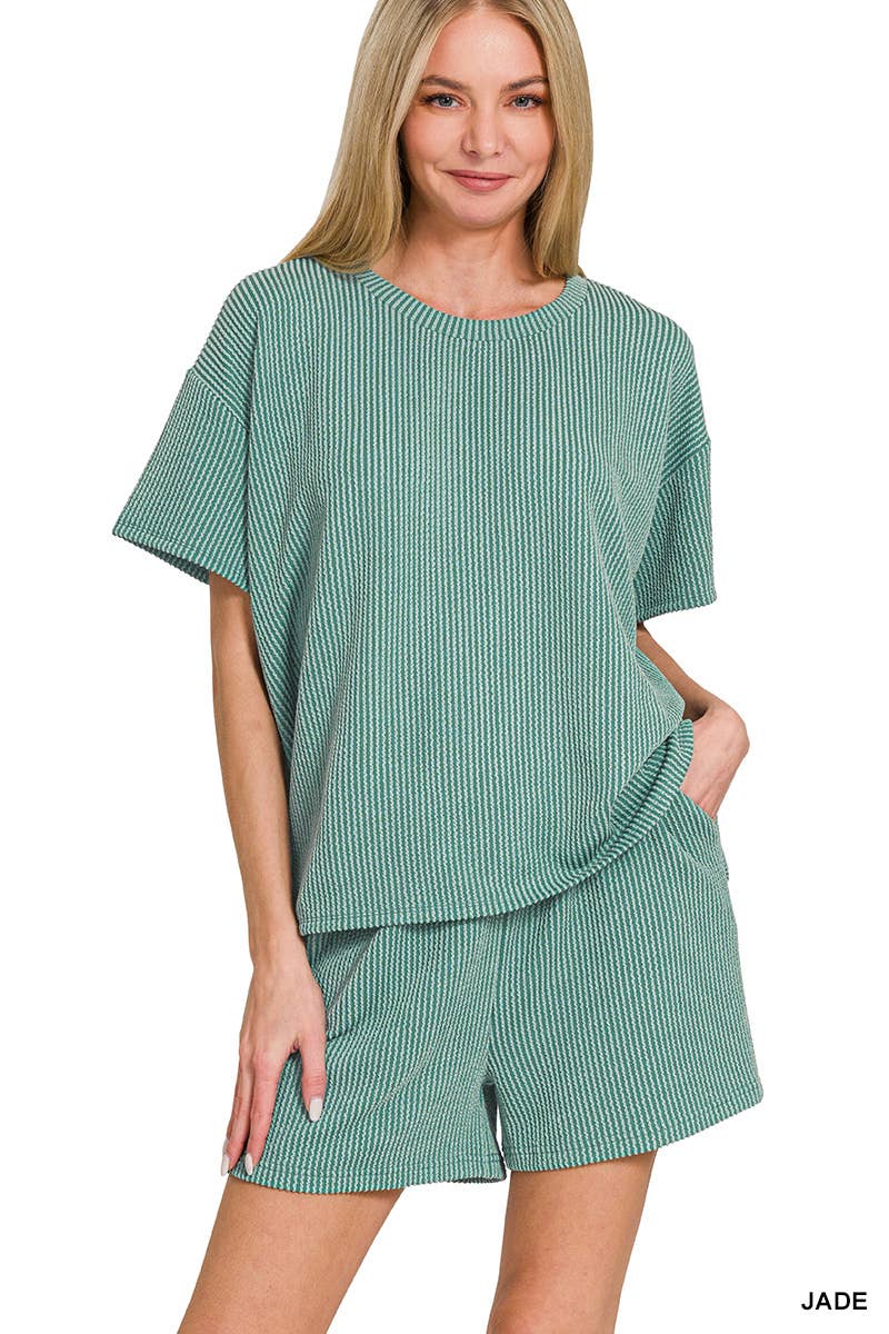 `.Corded Rib Short Sleeve Tee & Short Pants 2PC Set: DUSTY BLUE-183672 / L