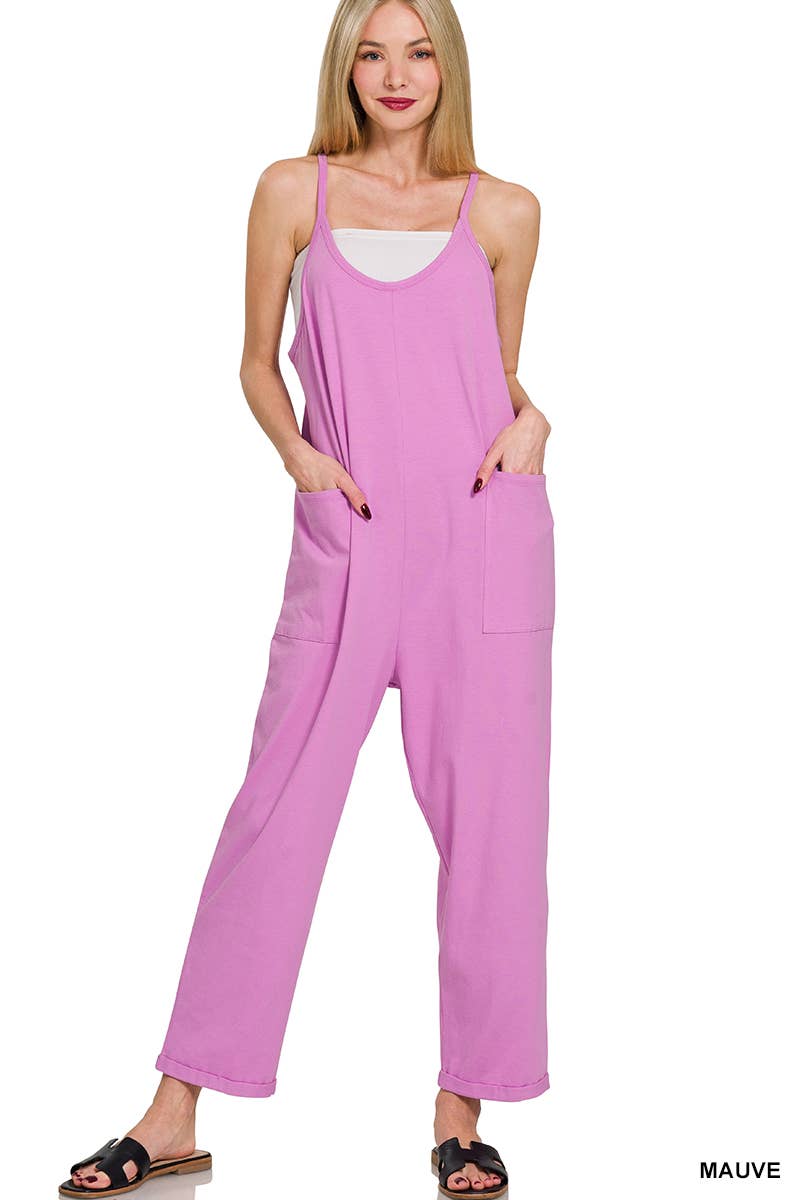 `.Spaghetti Strap Pocketed Jumpsuit: DK OLIVE-171541 / S/M