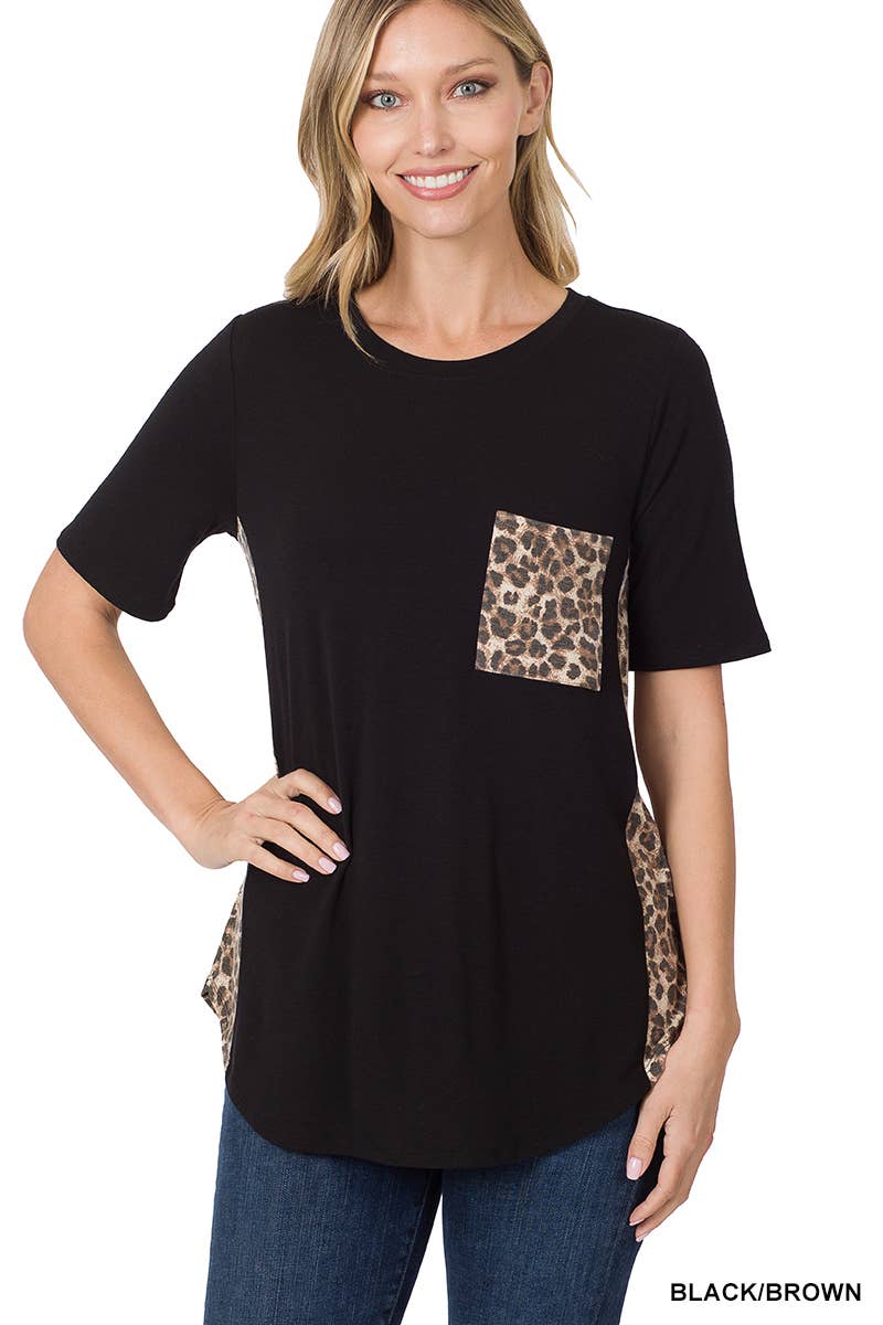 Contrast Side Panel Leopard Front Pocket Top: ASH MOCHA/BROWN / 1-1-2-2 (S-M-L-XL)
