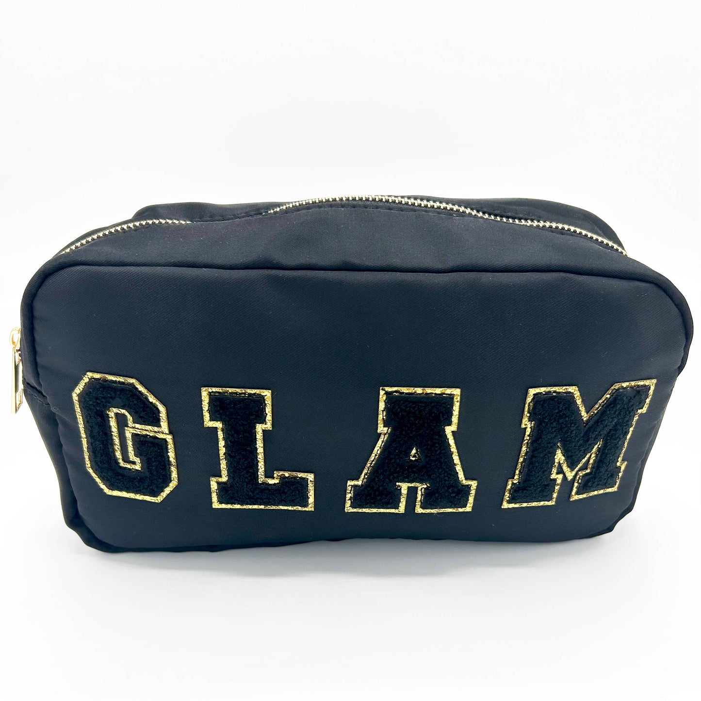 Cosmetic or Toiletry Bag with Varsity Letter Patches: Dark Pink with 3 smile patches
