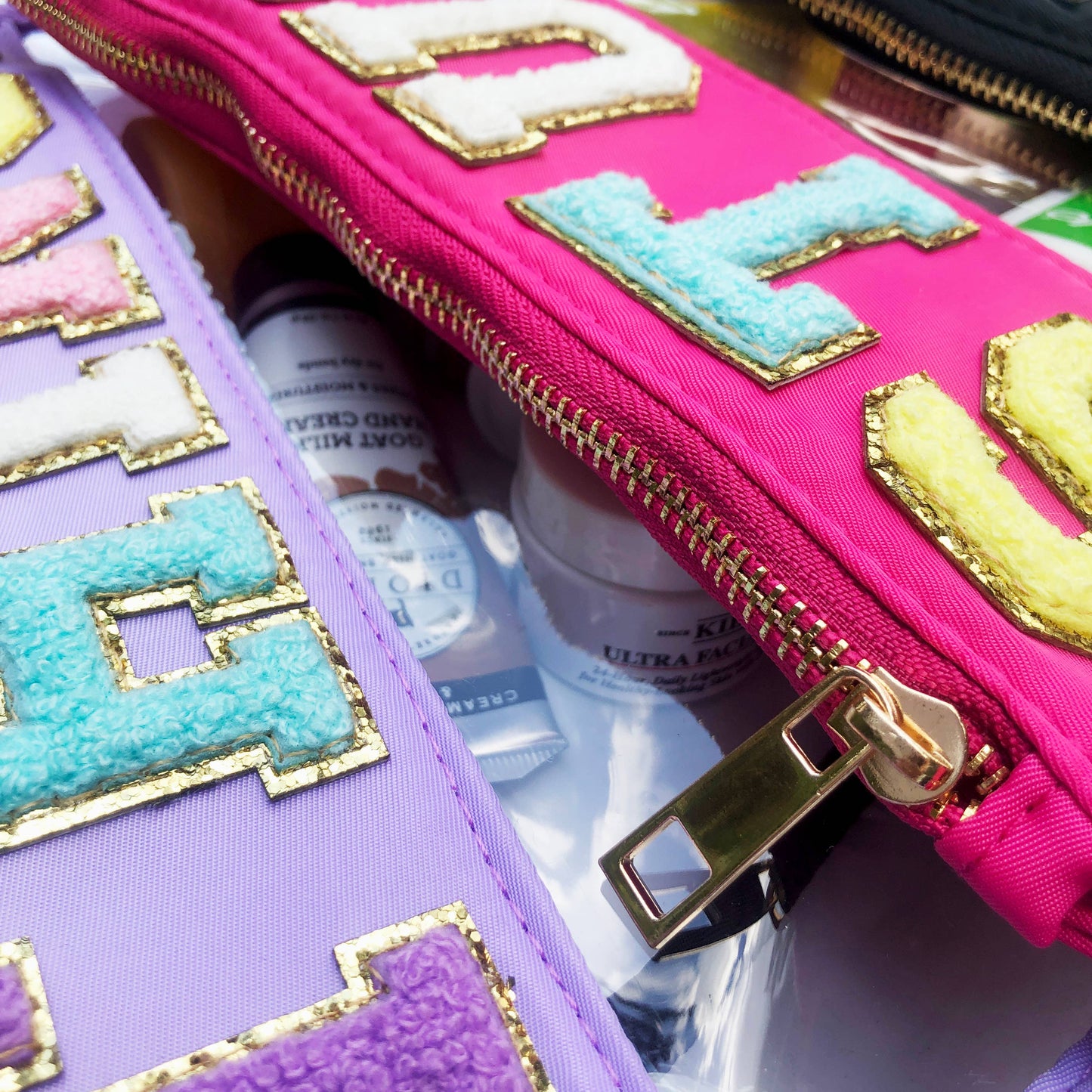Varsity Letter Patch Clear Zippered Pouch Bag: Pink with STUFF
