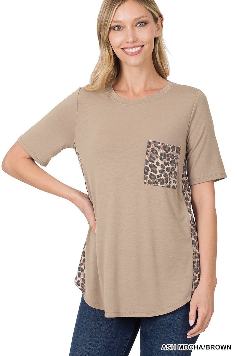 Contrast Side Panel Leopard Front Pocket Top: ASH MOCHA/BROWN / 1-1-2-2 (S-M-L-XL)