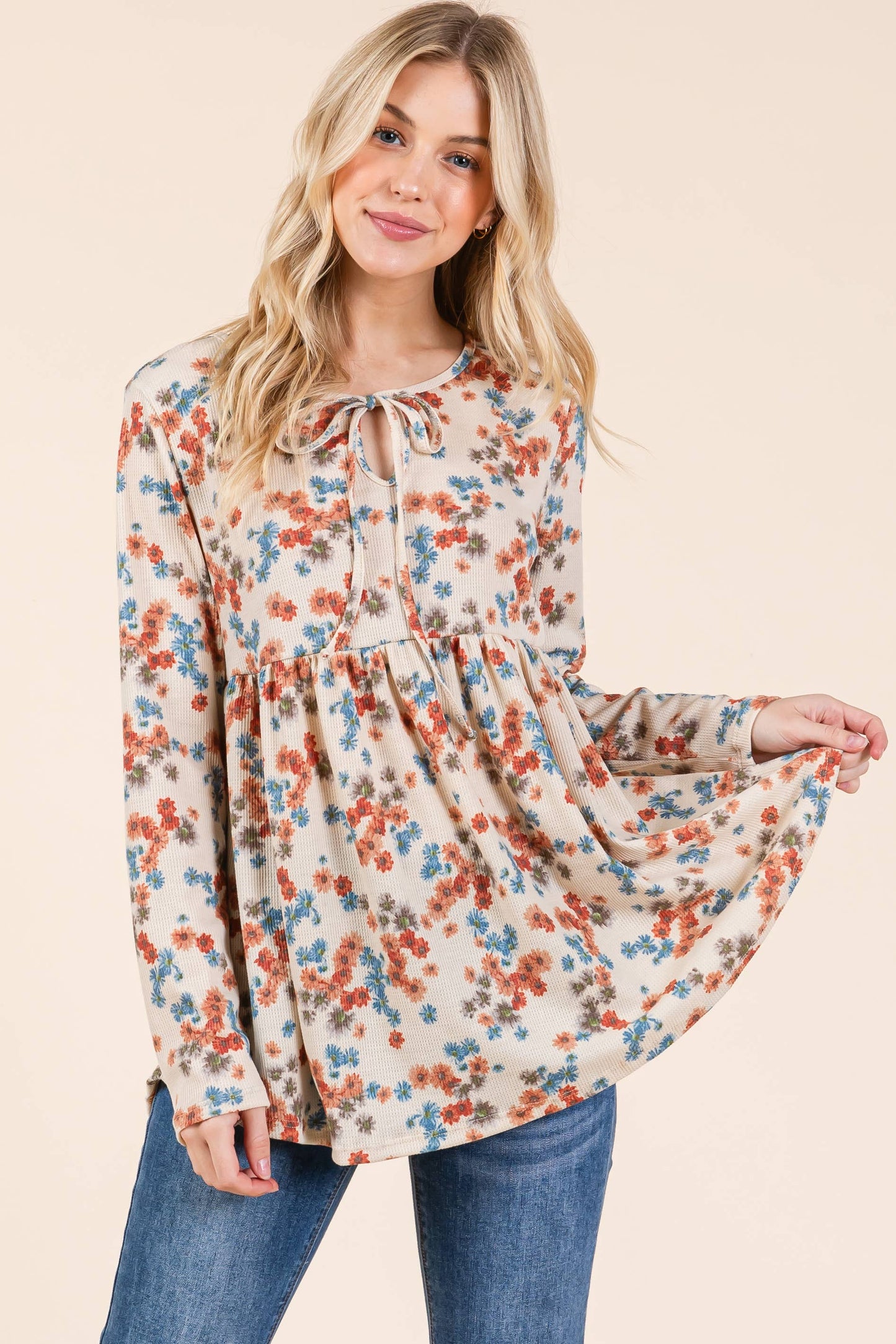 TL1971 BOHO LONG SLEEVE THERMAL TUNIC: Chocolate / Floral / XL