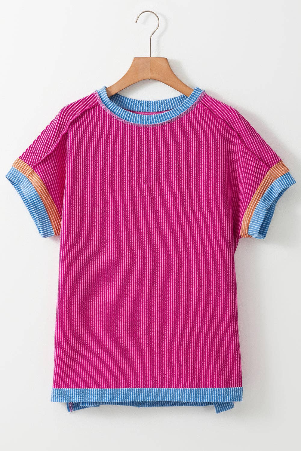 Textured Contrast Trim Round Neck T Shirt: Sky Blue / 75%Polyester+20%Viscose+5%Elastane / L