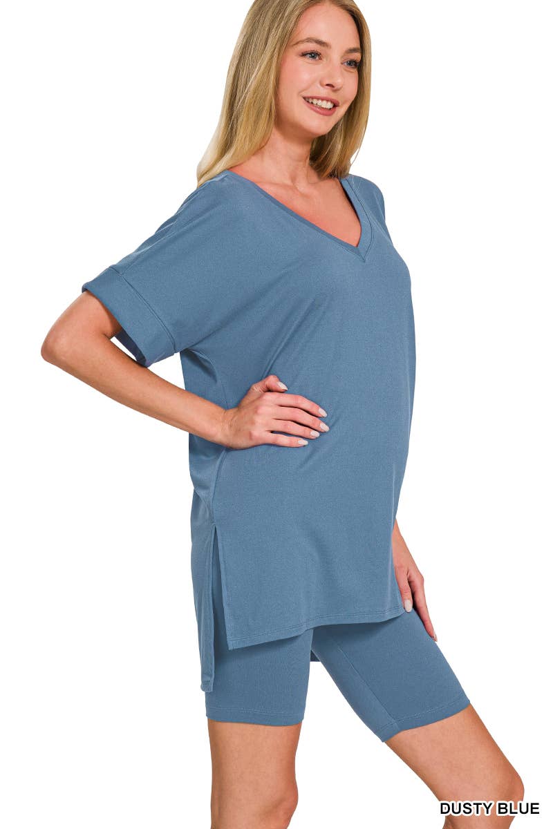 Brushed Dty Microfiber V-neck Top And Biker Shorts: DUSTY BLUE / 1-1-1-1 (S-M-L-XL)