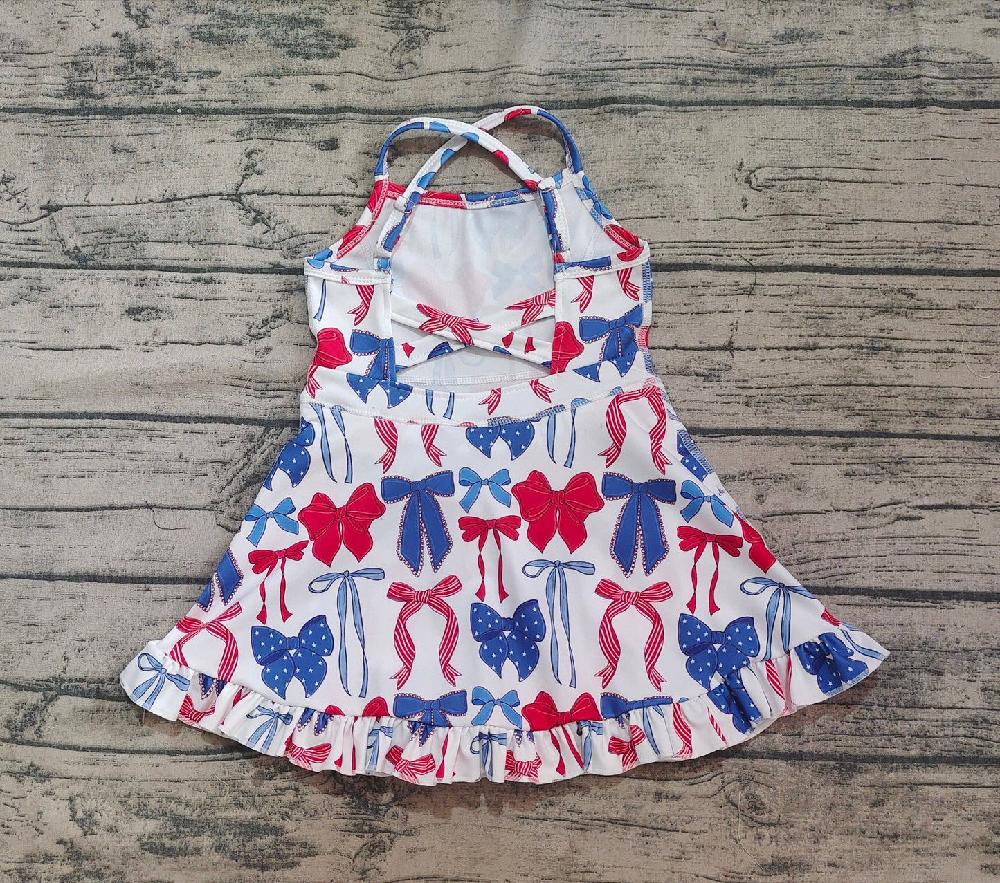 Baby Girls Strap Blue Red Bows 4th Of July Yoga Active Knee Length Dresses: 4T