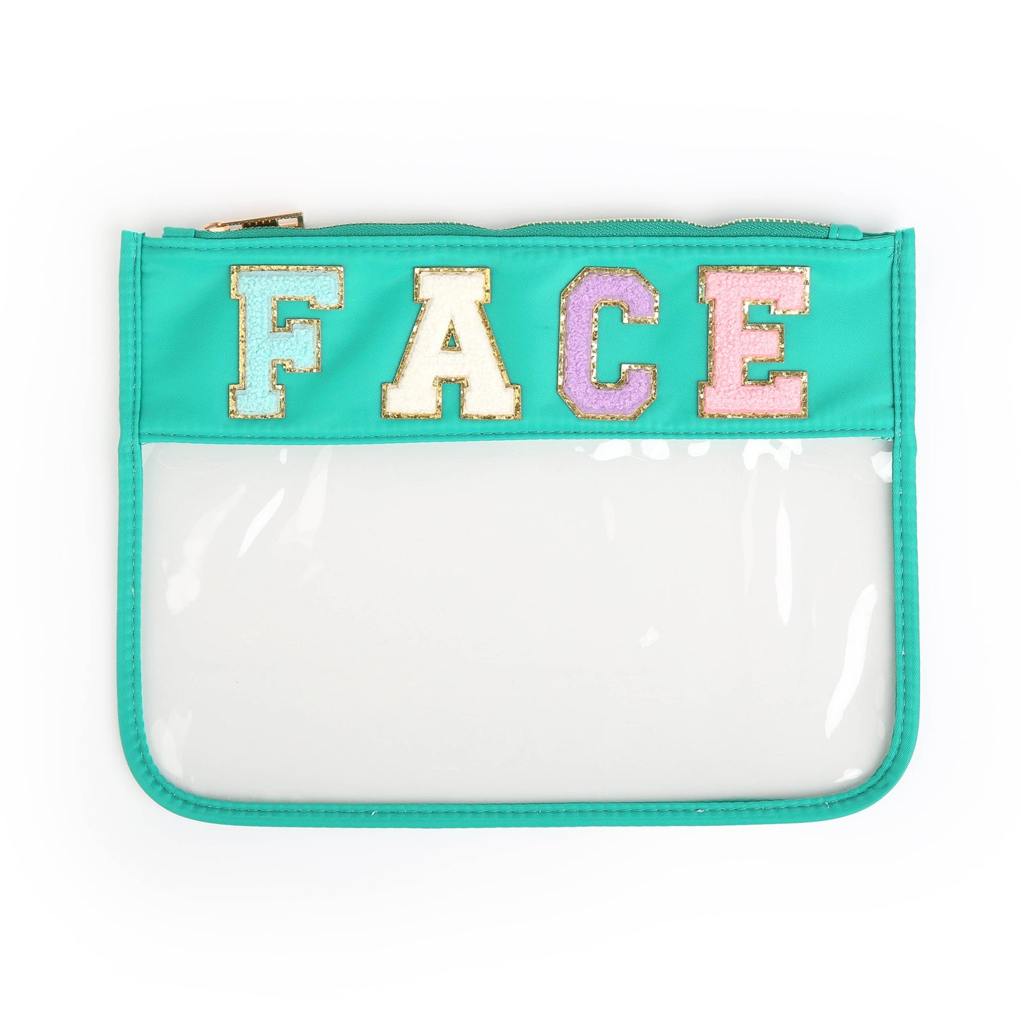Varsity Letter Patch Clear Zippered Pouch Bag: Pink with STUFF