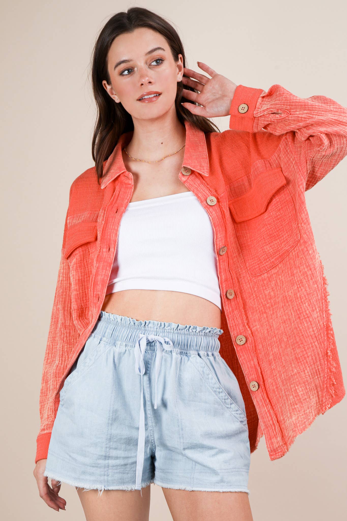 NJ90360-Mineral Washed Oversized Gauze Shacket Jacket: TAUPE / S-M-L/2-2-2