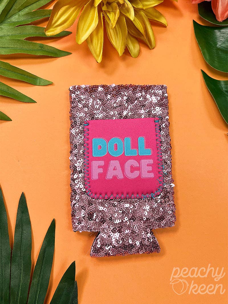 Doll Face Sequin Slim Can Cooler