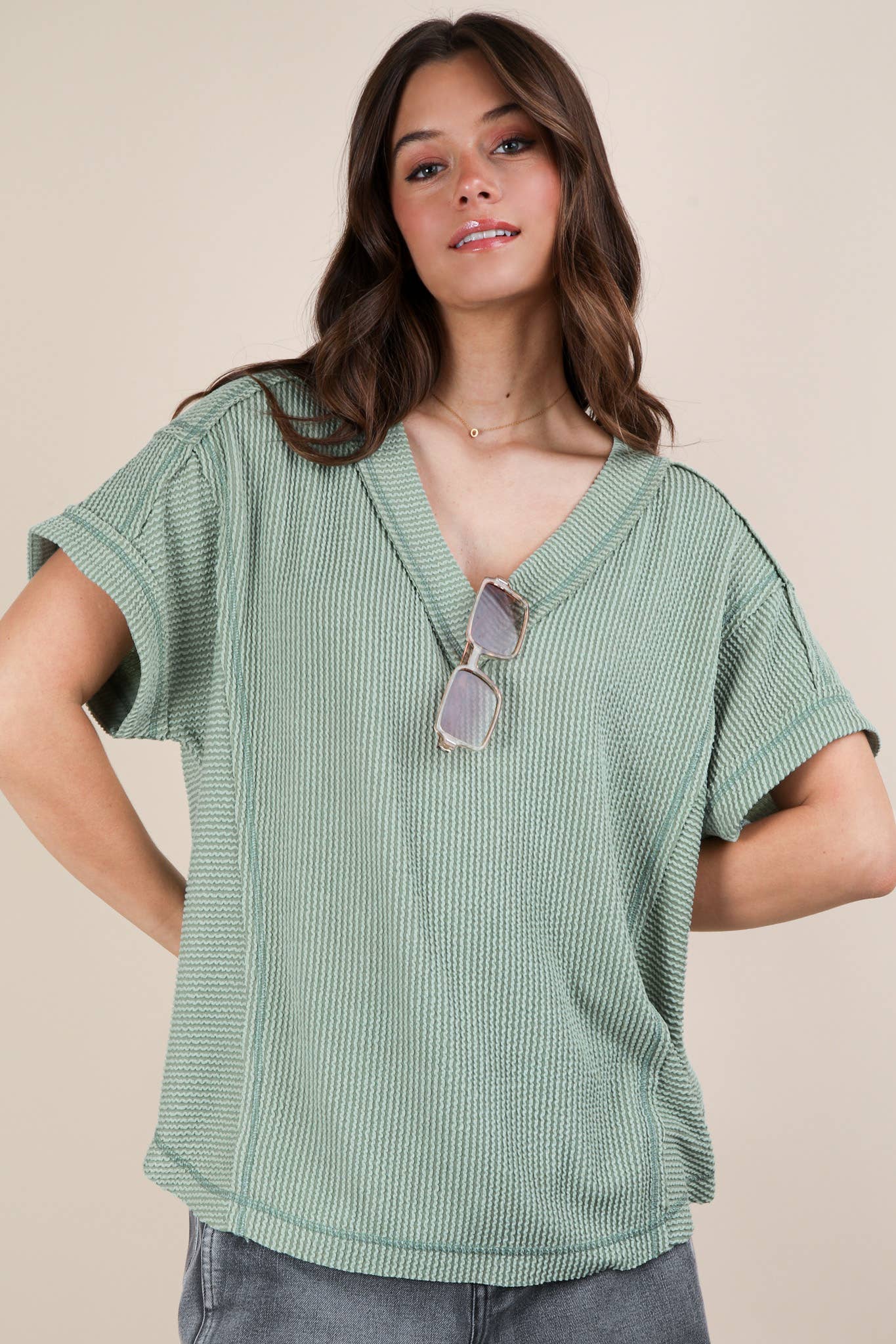 NT12075-Soft Two Tone Casual Comfy Ribbed Knit Top: PINK / S-M-L/2-2-2