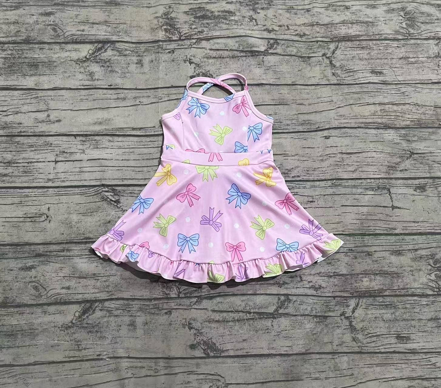 Baby Girls Pink Strap Colorful Bows Polka Dots Yoga Ruffle Knee Length Dresses: 4T