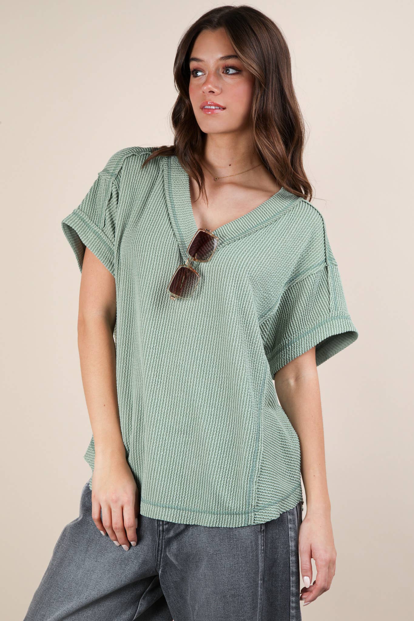NT12075-Soft Two Tone Casual Comfy Ribbed Knit Top: PINK / S-M-L/2-2-2