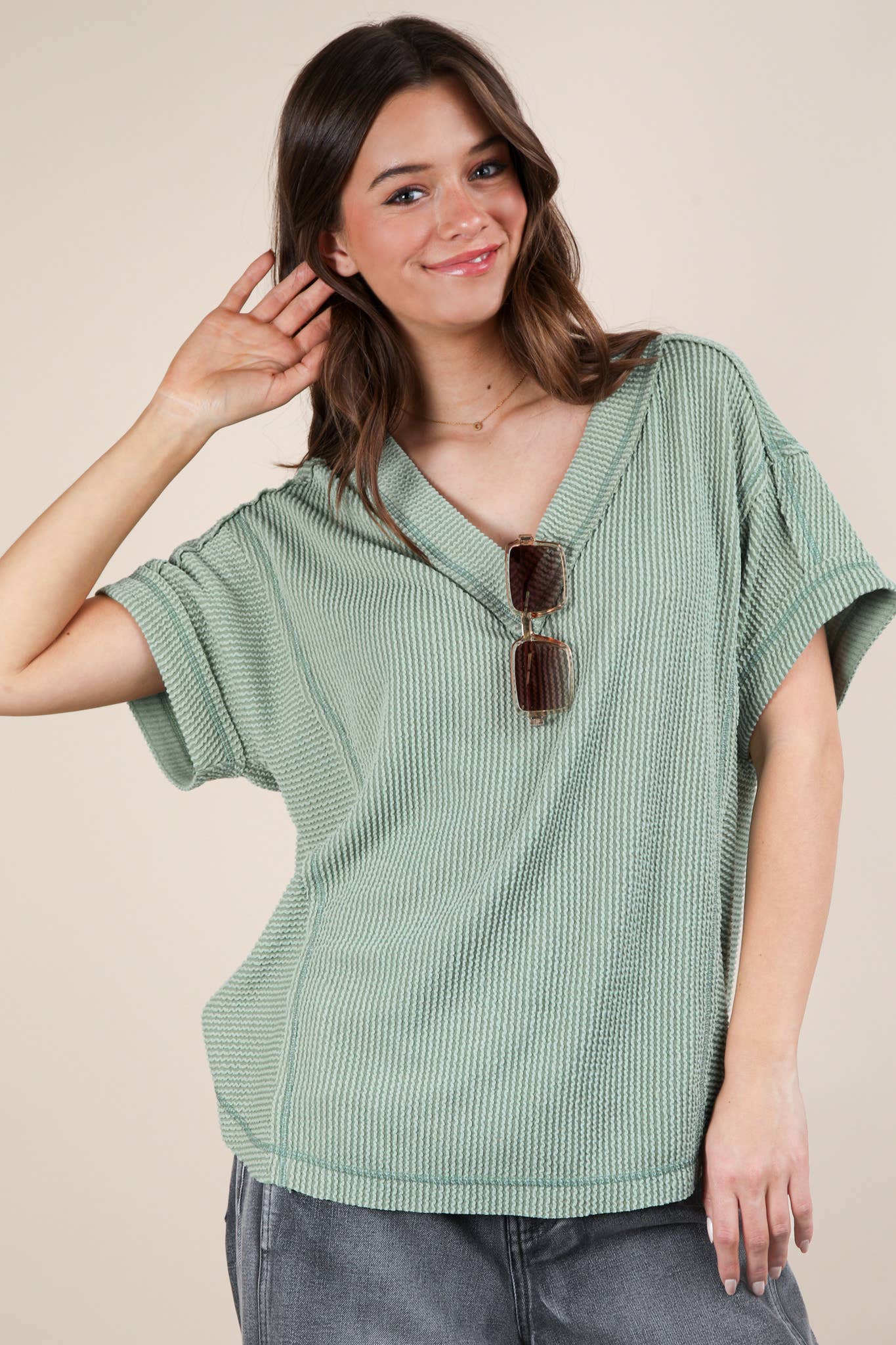 NT12075-Soft Two Tone Casual Comfy Ribbed Knit Top: PINK / S-M-L/2-2-2