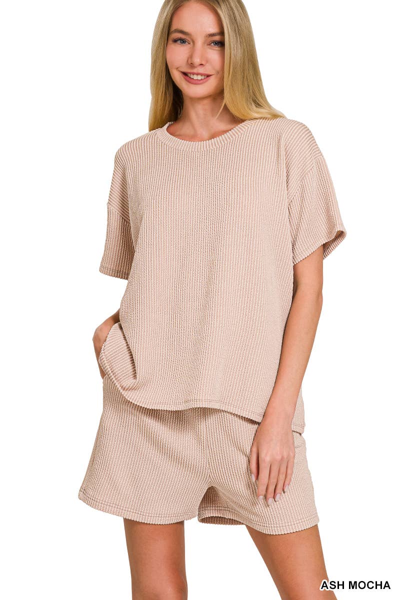 `.Corded Rib Short Sleeve Tee & Short Pants 2PC Set: DUSTY BLUE-183672 / XL