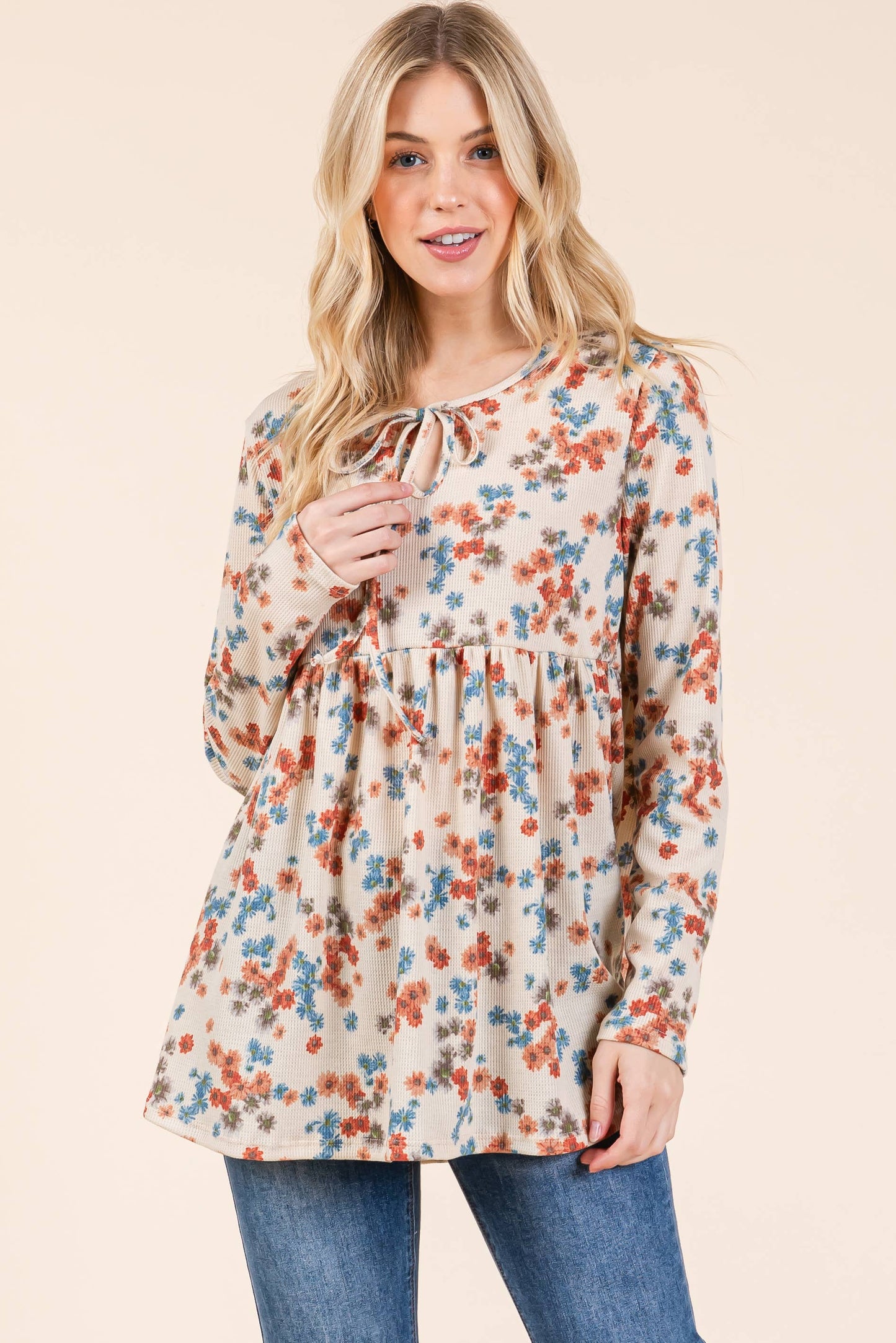 TL1971 BOHO LONG SLEEVE THERMAL TUNIC: Chocolate / Floral / S