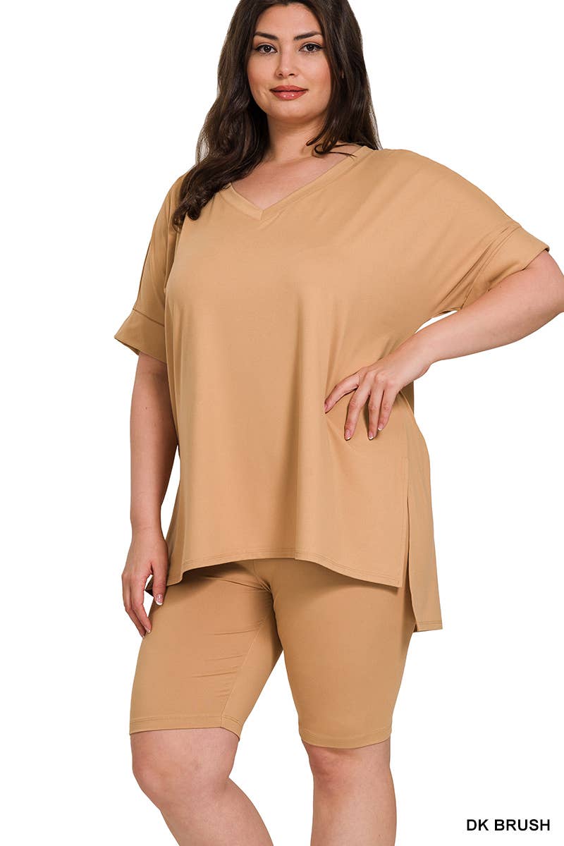 SI-19985 Plus size Hi Low Hem Top & Biker Shorts 2pc Set: +ASHGREY-139919 / 3X