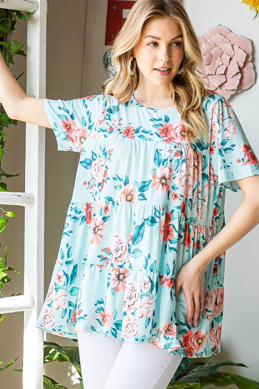 ET7279-10 FLORAL TIERED TOP: MINT / 2-2-2 (S-M-L)