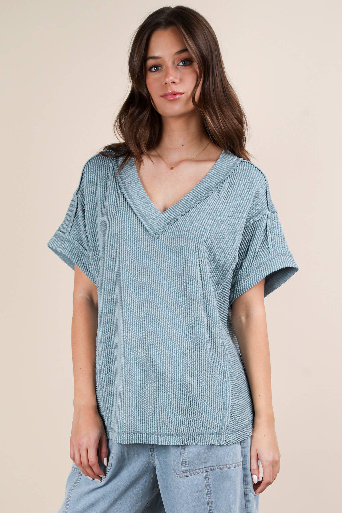 NT12075X-PLUS SIZE Soft Two Tone Casual Comfy Ribbed Knit To: PINK / 1XL-2XL-3XL/3-2-1