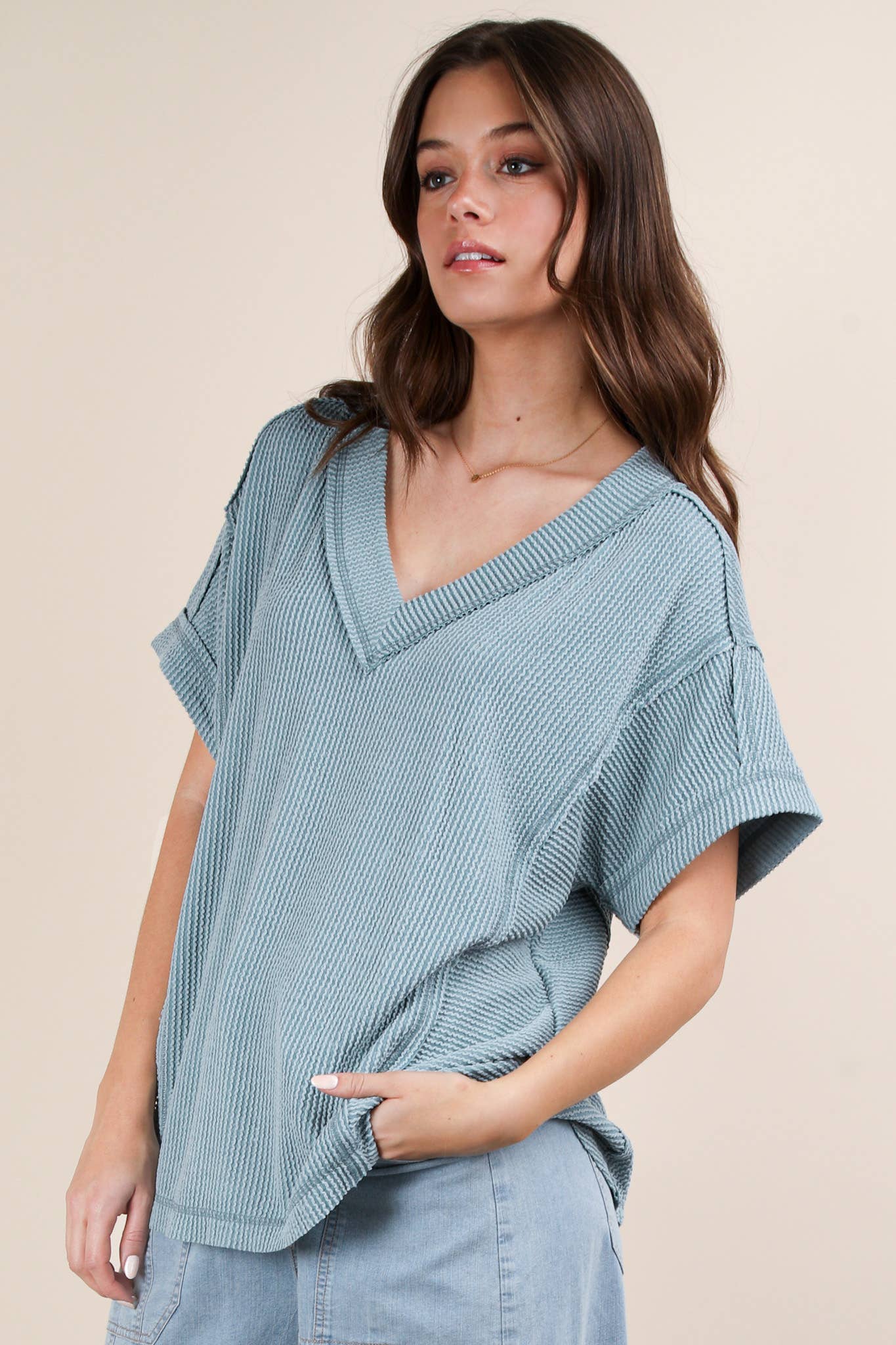 NT12075-Soft Two Tone Casual Comfy Ribbed Knit Top: PINK / S-M-L/2-2-2
