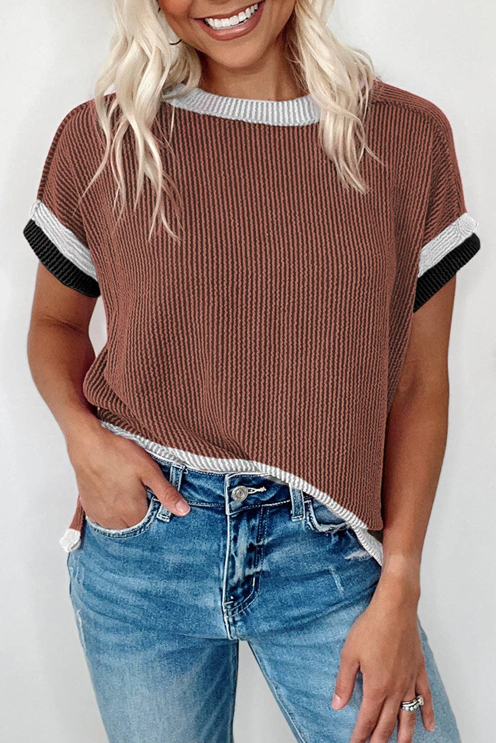 Textured Contrast Trim Round Neck T Shirt: Sky Blue / 75%Polyester+20%Viscose+5%Elastane / S