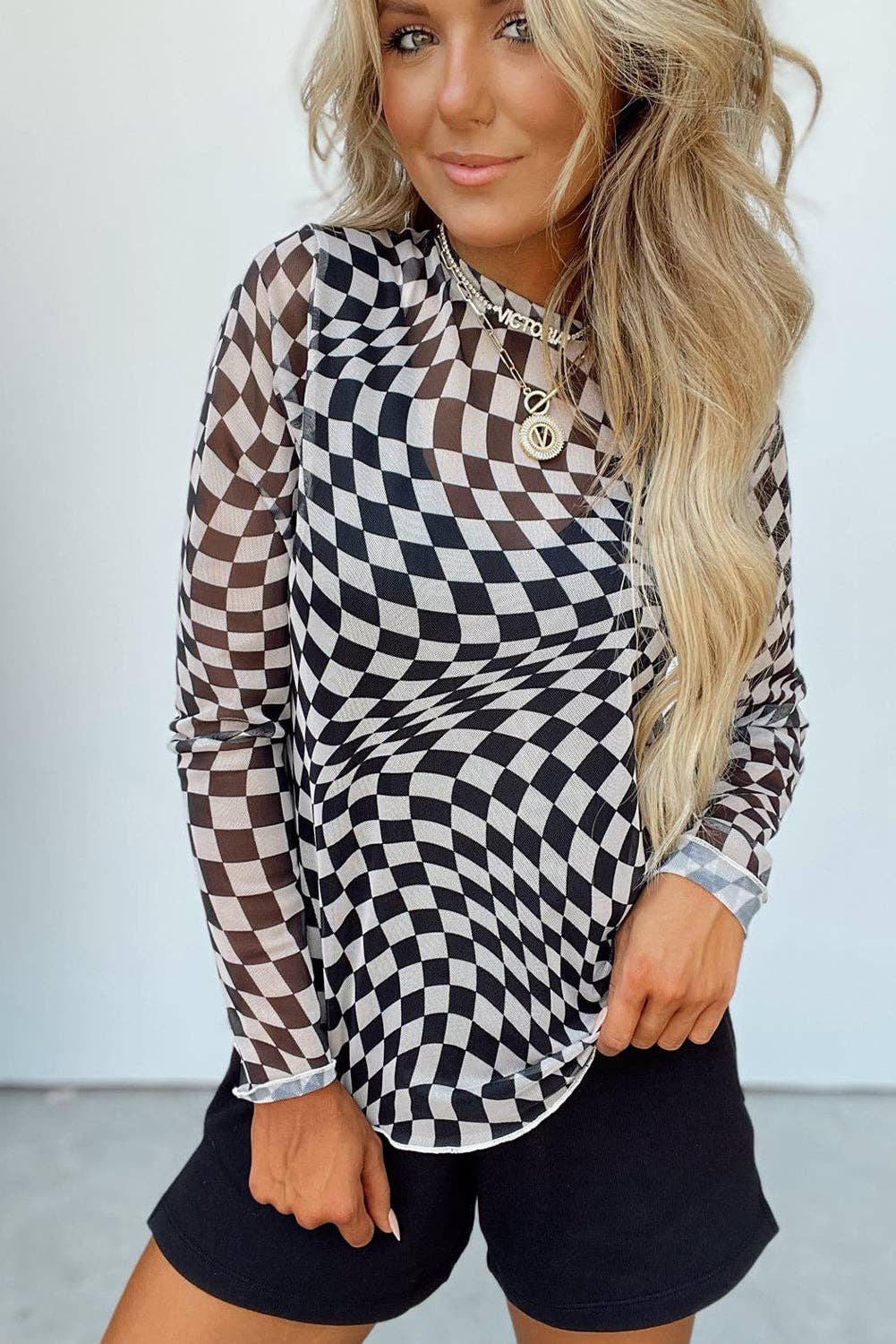 Black Checkered Pattern Mesh Mock Neck Long Sleeve Top: Black / 95%Polyester+5%Elastane / L