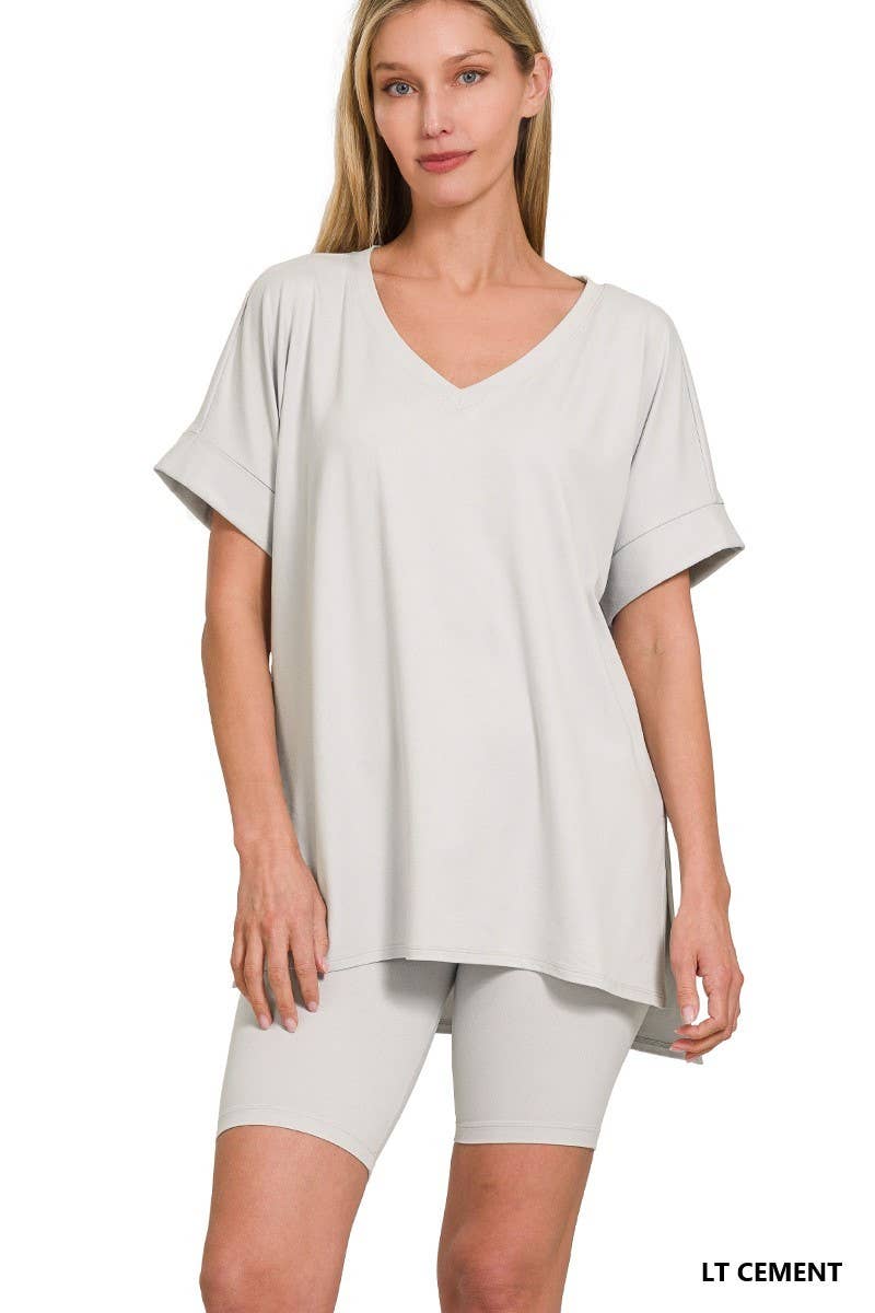 Brushed Dty Microfiber V-neck Top And Biker Shorts: DUSTY BLUE / 1-1-1-1 (S-M-L-XL)