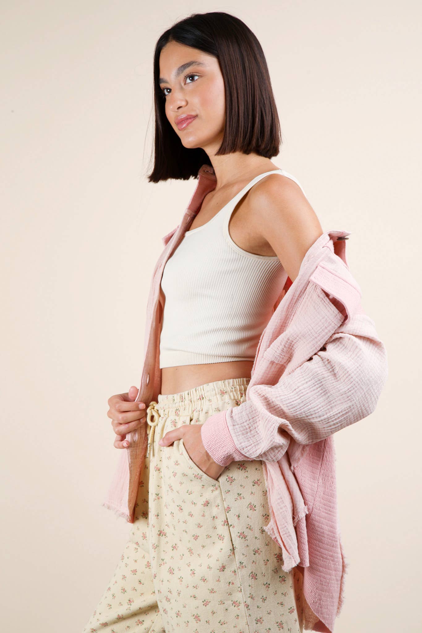 NJ90360-Mineral Washed Oversized Gauze Shacket Jacket: DENIM / S-M-L/2-2-2