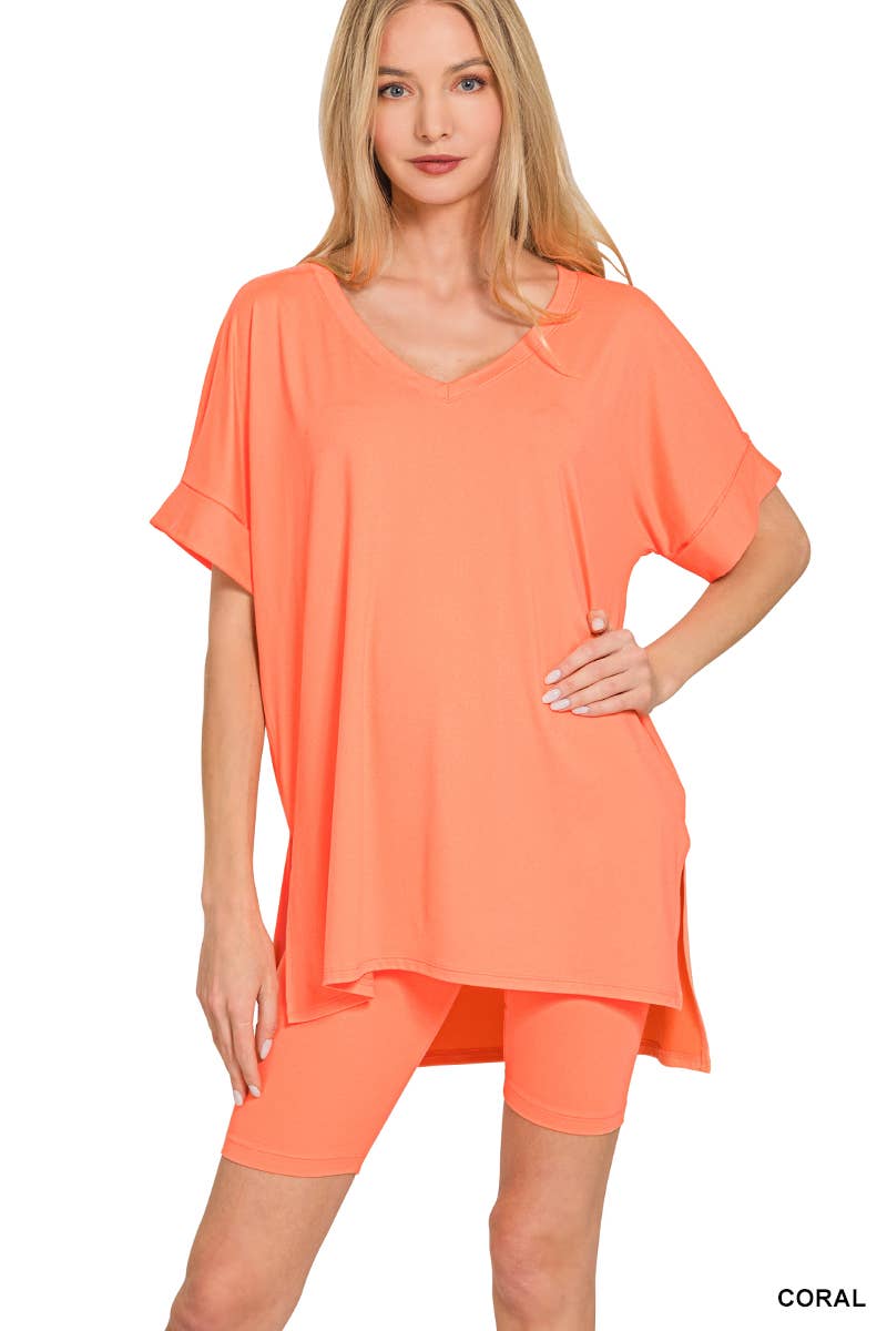 Brushed Dty Microfiber V-neck Top And Biker Shorts: DUSTY BLUE / 1-1-1-1 (S-M-L-XL)