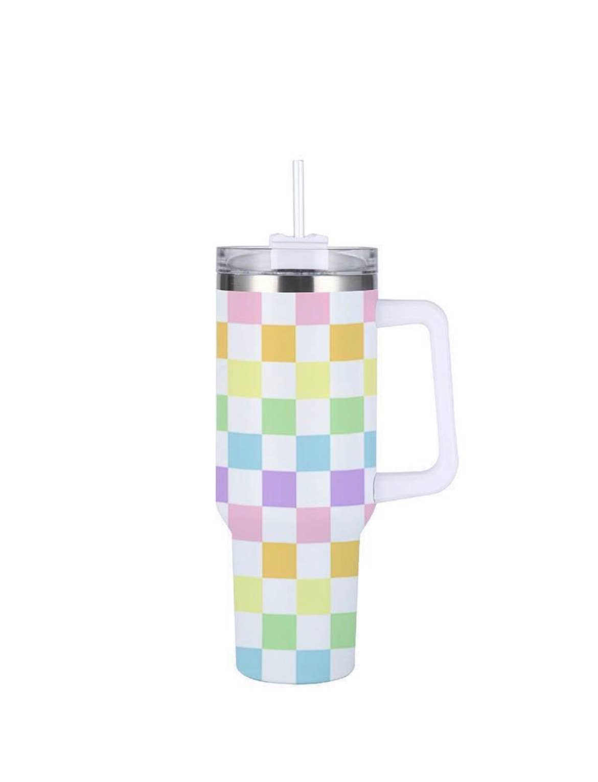 Tumbler - 40 Ounce Stainless Steel with Straw - Pastel Check