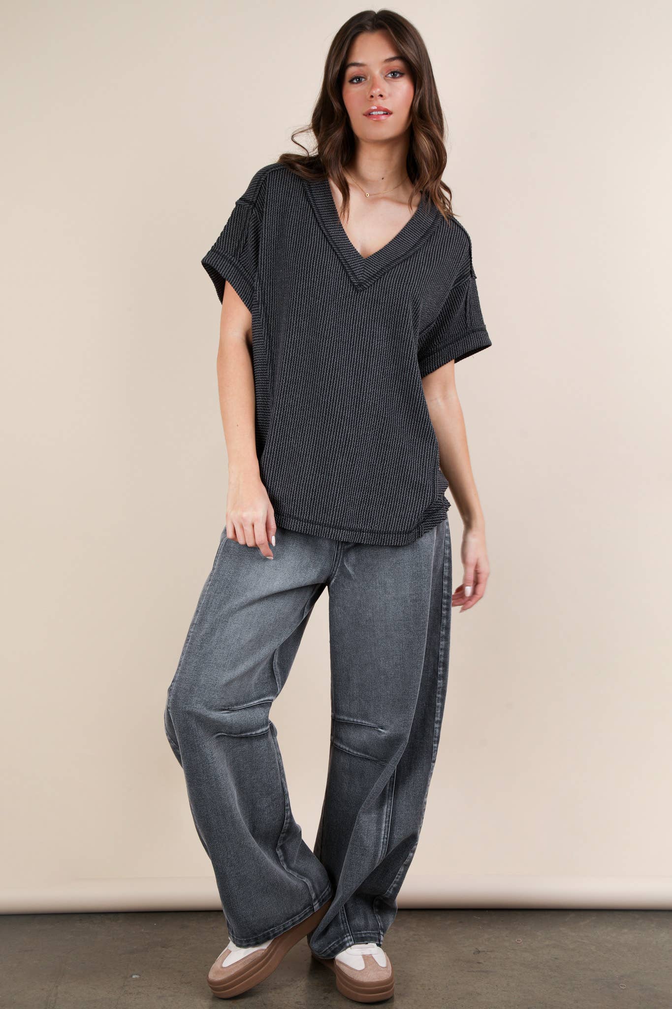 NT12075X-PLUS SIZE Soft Two Tone Casual Comfy Ribbed Knit To: PINK / 1XL-2XL-3XL/3-2-1