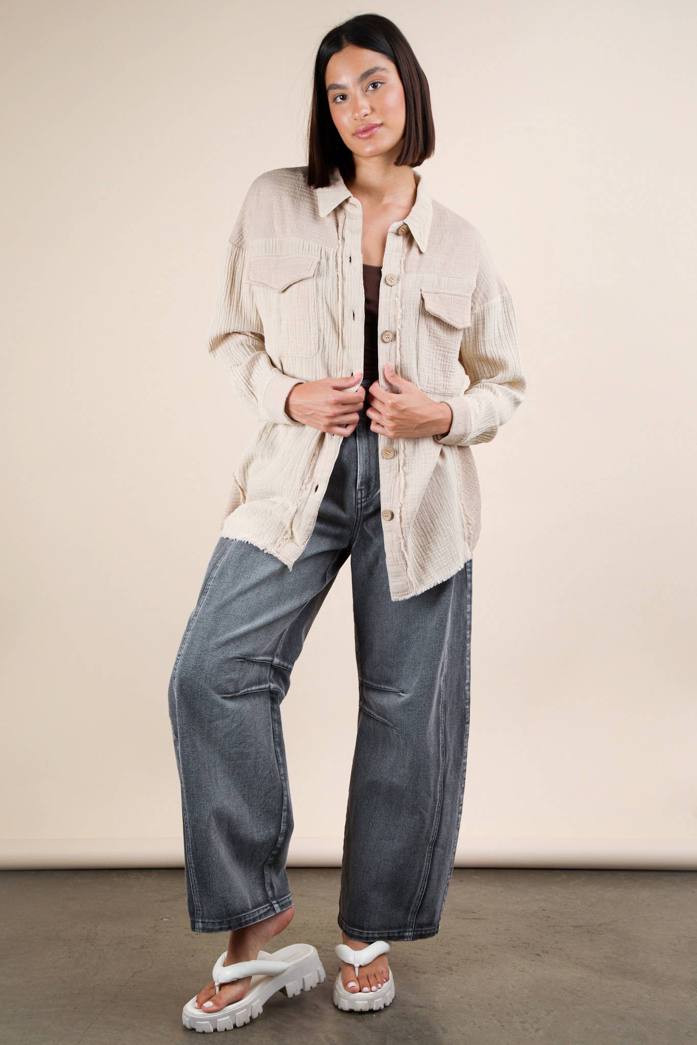 NJ90360-Mineral Washed Oversized Gauze Shacket Jacket: TAUPE / S-M-L/2-2-2