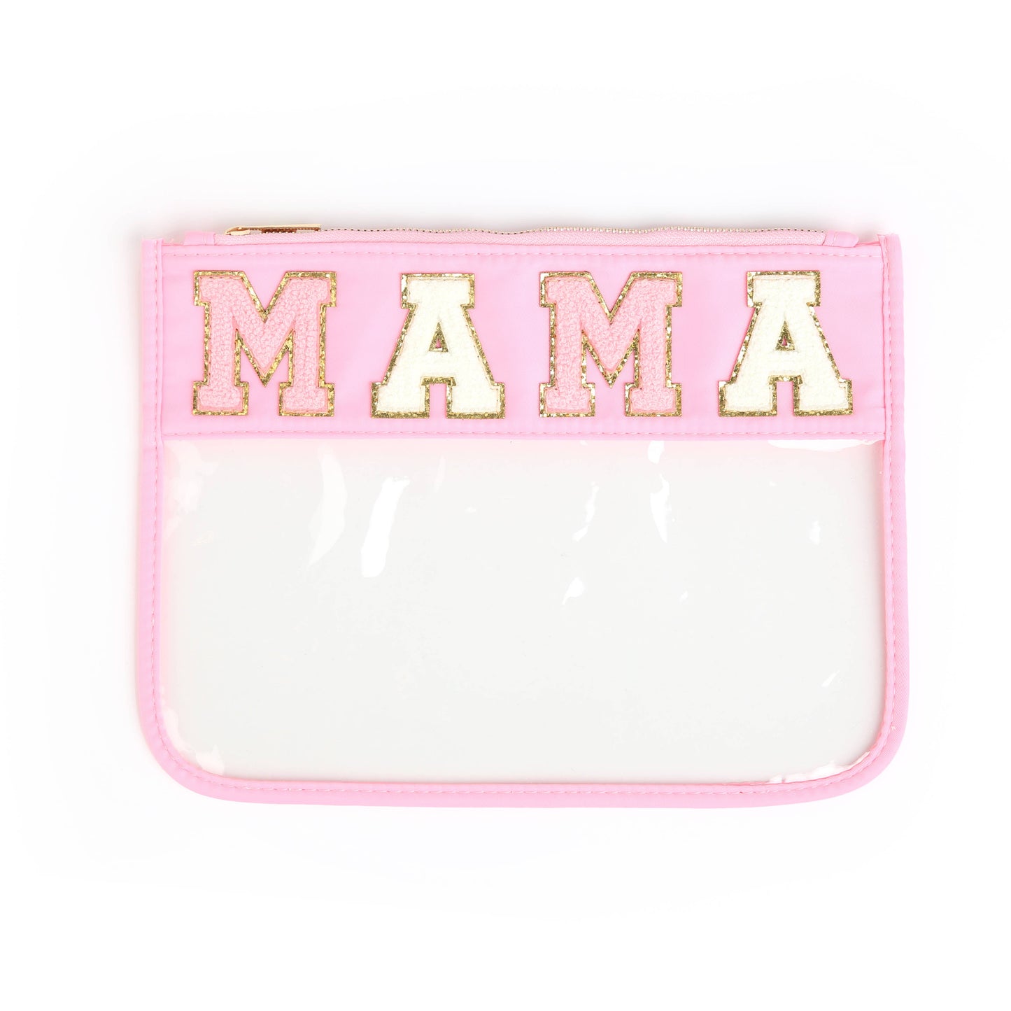 Varsity Letter Patch Clear Zippered Pouch Bag: Purple with THINGS