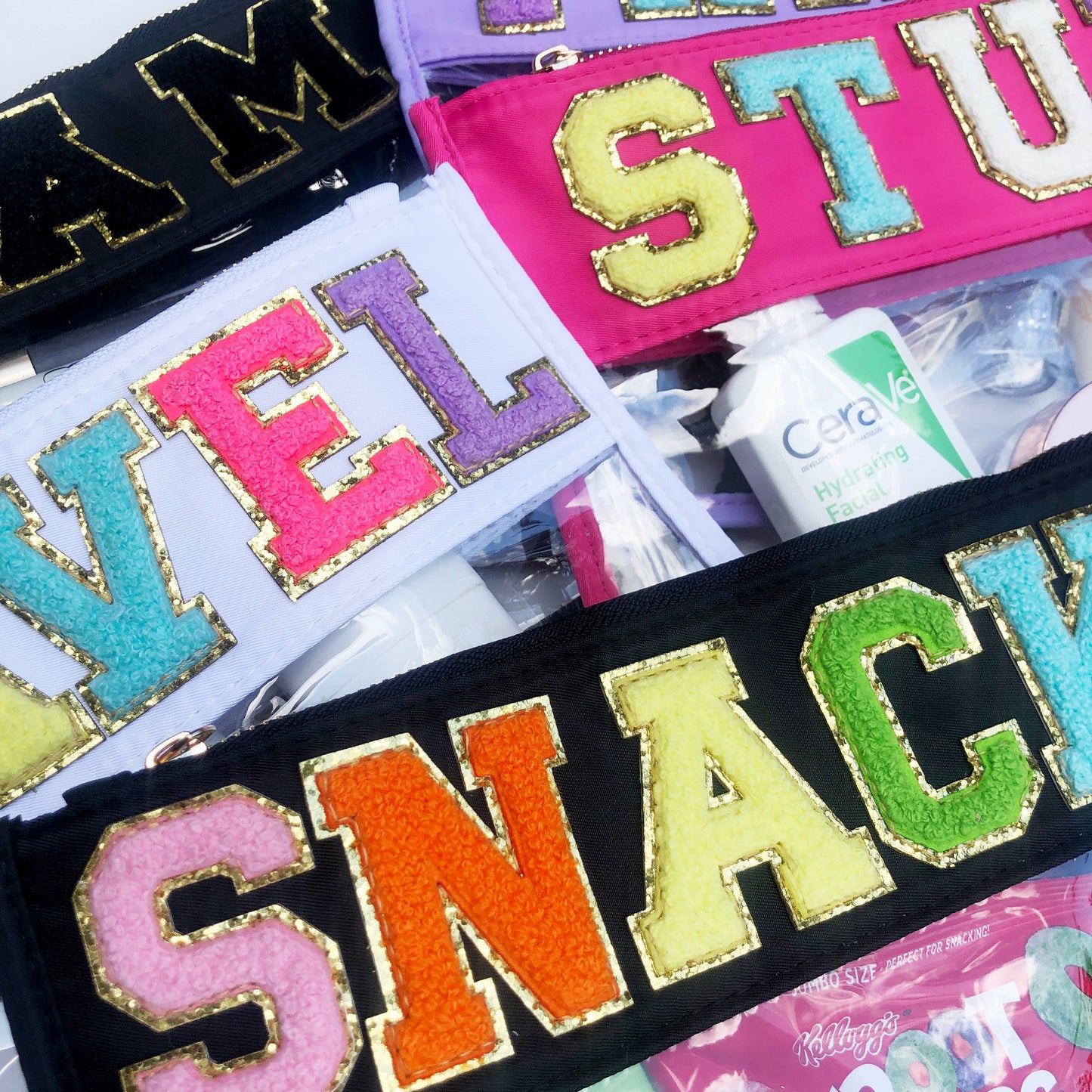 Varsity Letter Patch Clear Zippered Pouch Bag: Pink with STUFF