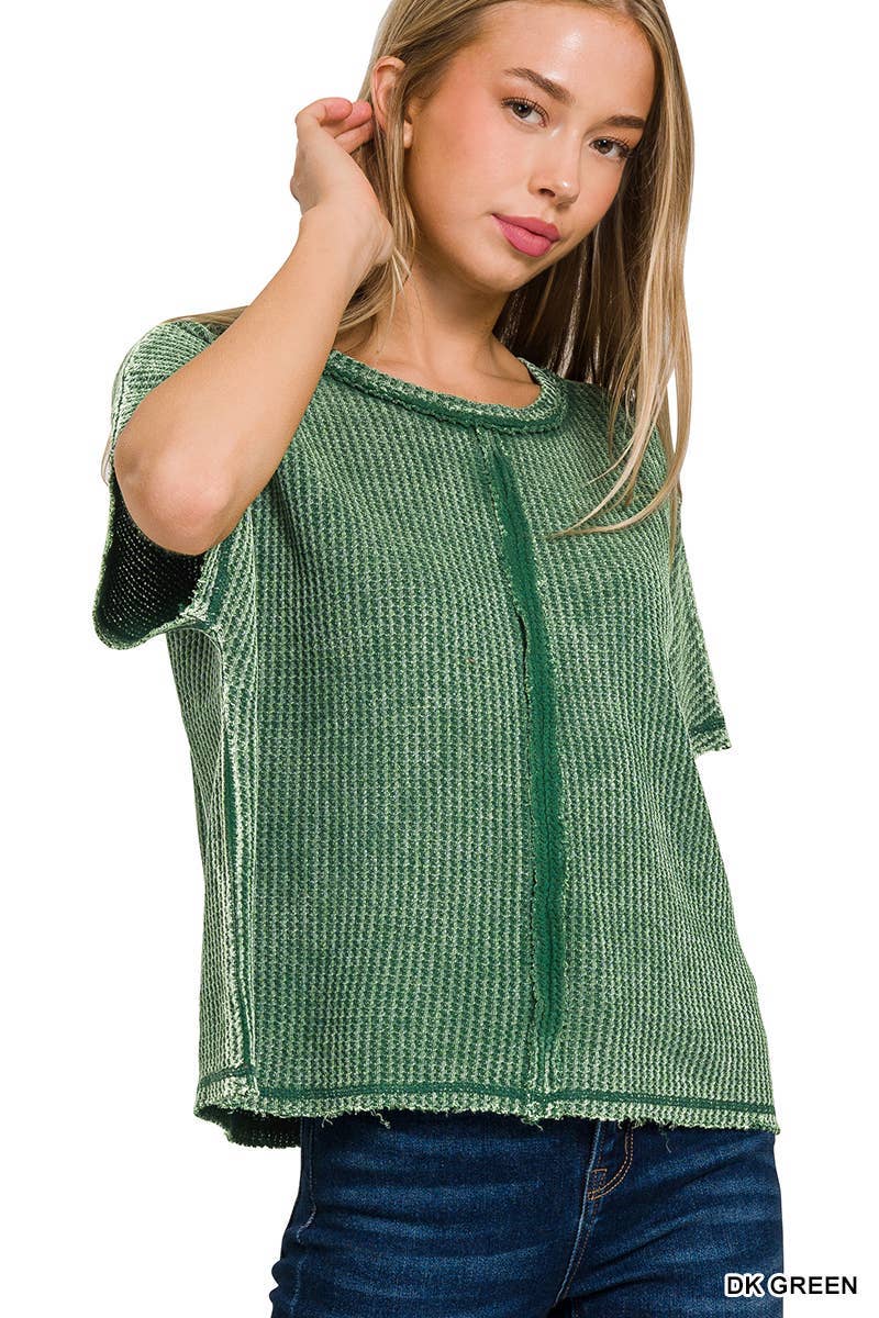 Washed Baby Waffle Short Sleeve Top: DK GREEN / 3-3 (S/M-L/XL)