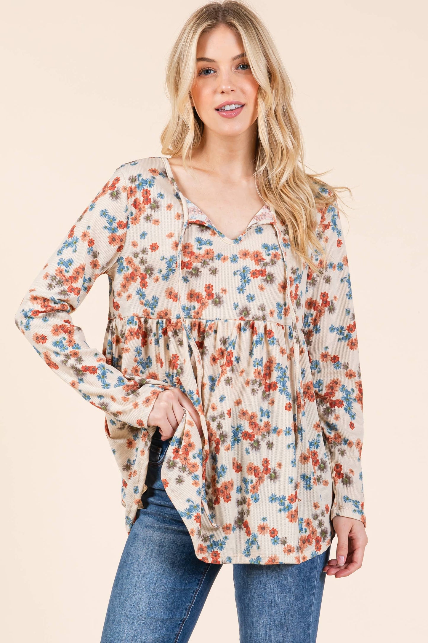 TL1971 BOHO LONG SLEEVE THERMAL TUNIC: Chocolate / Floral / XL