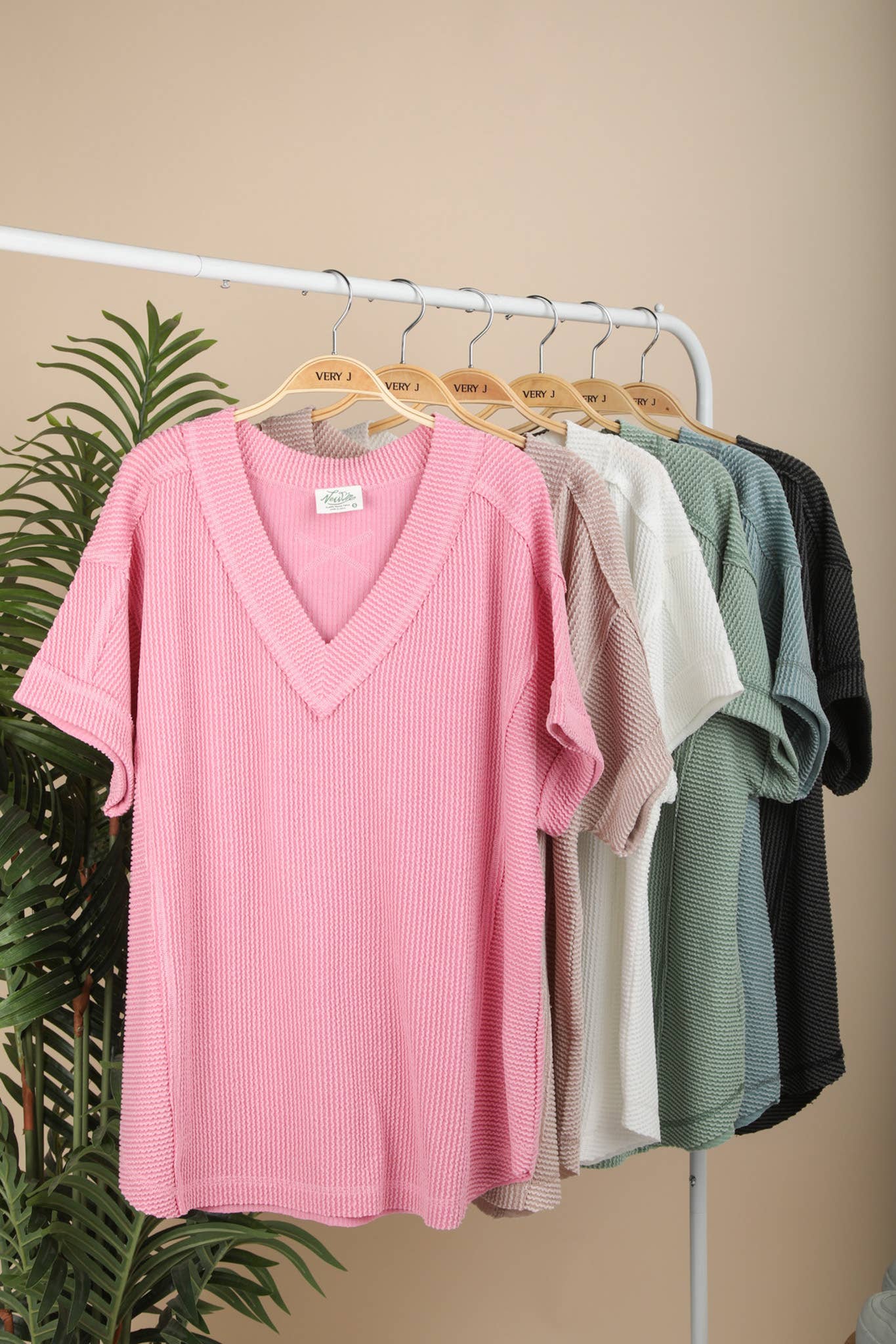 NT12075-Soft Two Tone Casual Comfy Ribbed Knit Top: PINK / S-M-L/2-2-2