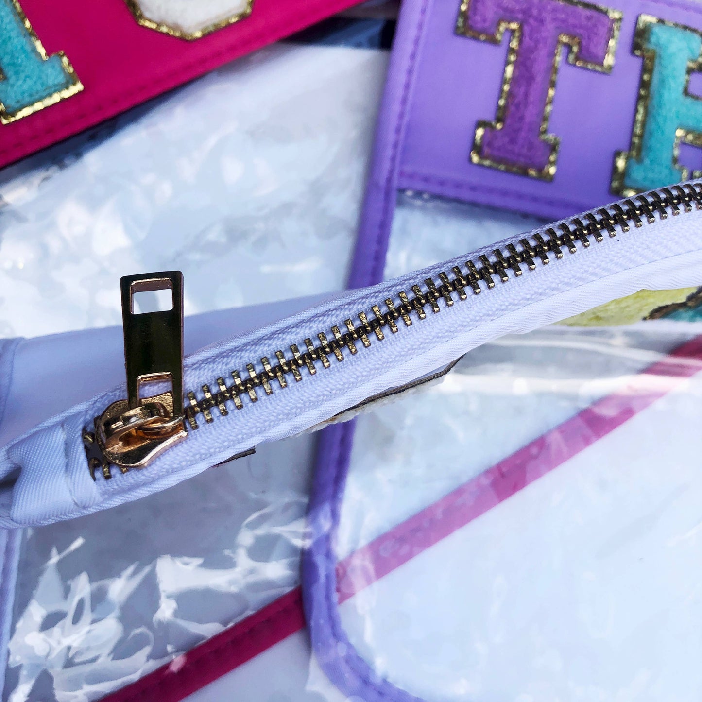 Varsity Letter Patch Clear Zippered Pouch Bag: Pink with STUFF