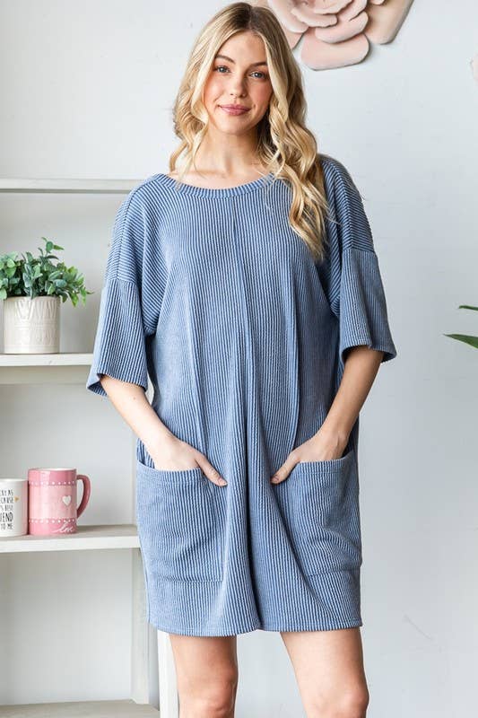 EP6832-10 SHORT SLEEVE SOLID URBAN RIBBED ROMPER: DENIM VINTAGE / 2-2-2 (1X-2X-3X)